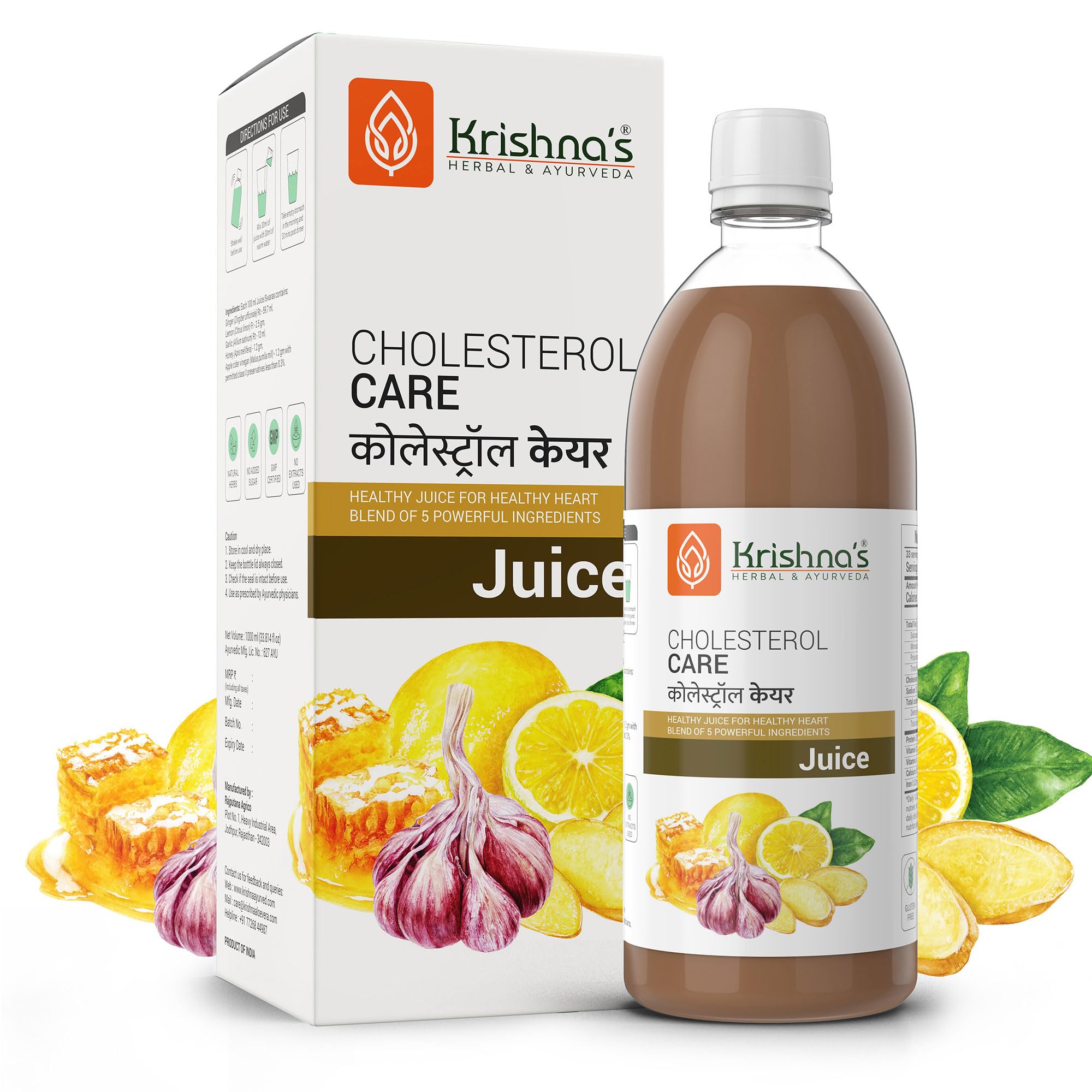Bottle of cholesterol care juice with honey apple cider and garlic