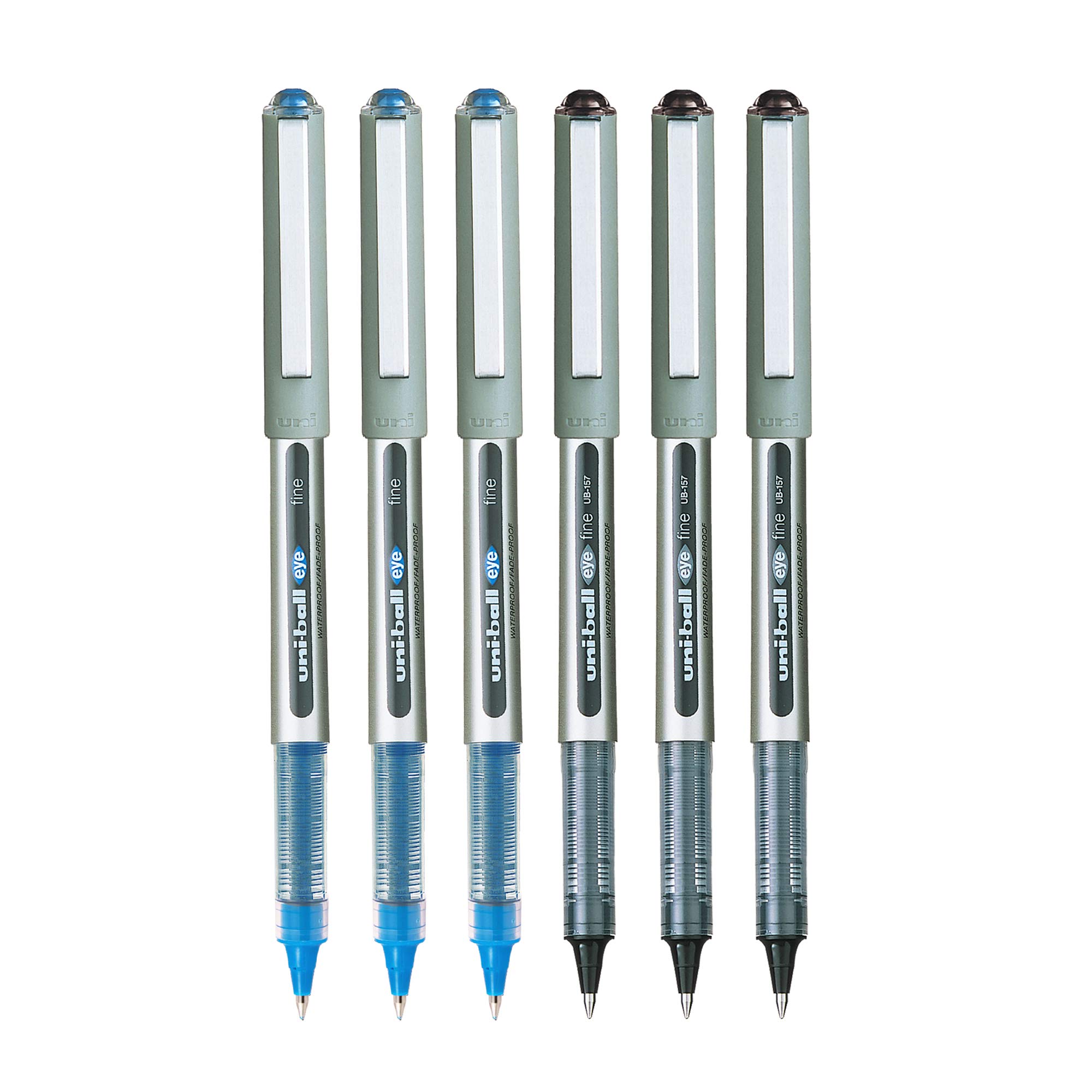 Pack of six uni-ball Eye UB157 blue and black pens