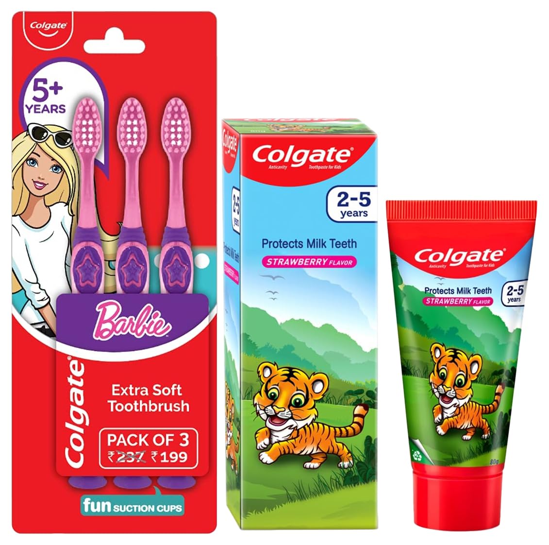 Three Colgate kids Barbie toothbrushes with strawberry toothpaste combo