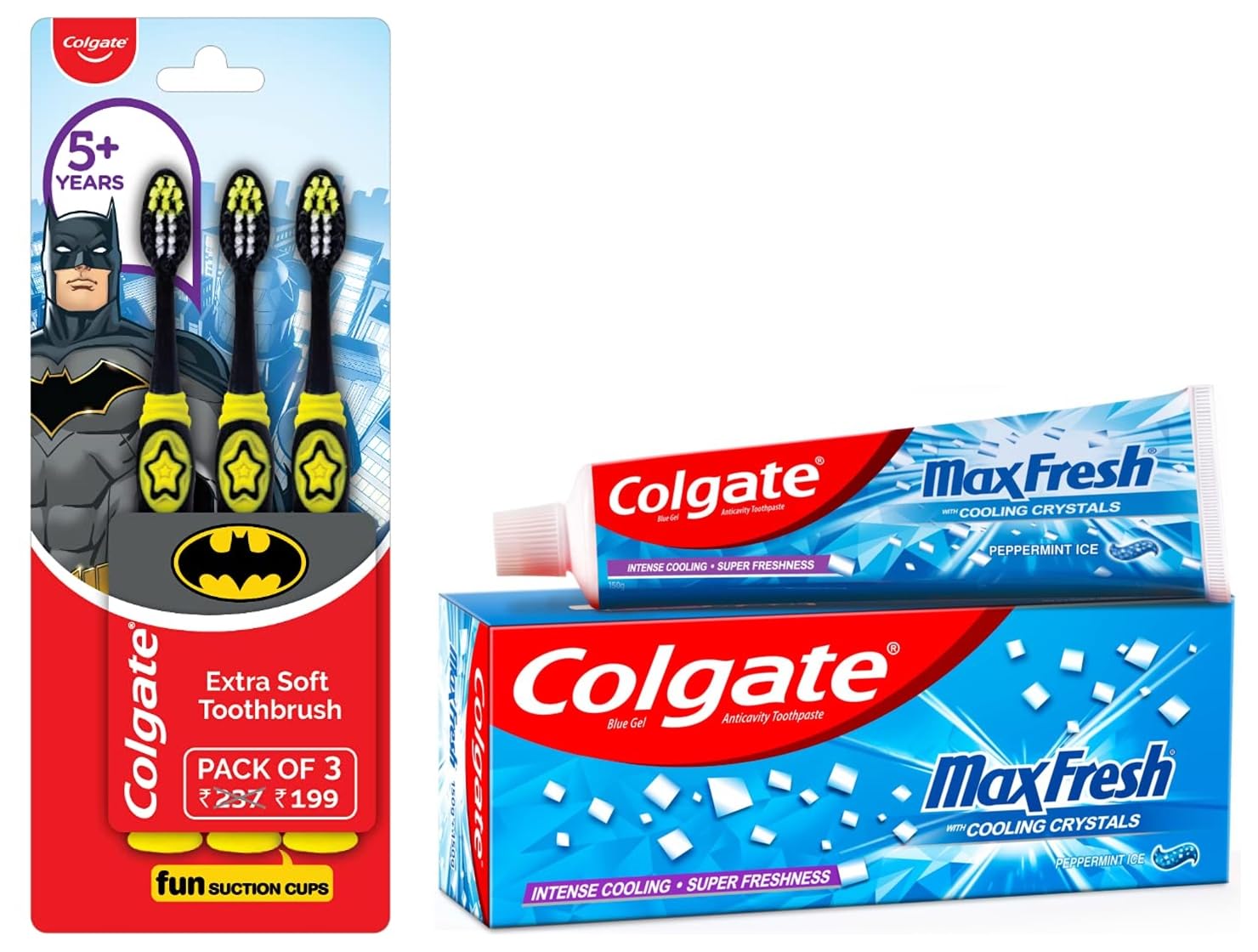 Colgate Kids Batman Manual Toothbrush(Pack of 3,Multicolor) & Colgate MaxFresh 300g (150g x 2, Pack of 2) Toothpaste, Blue Gel Paste(Peppermint Ice, Saver Pack) – view 1