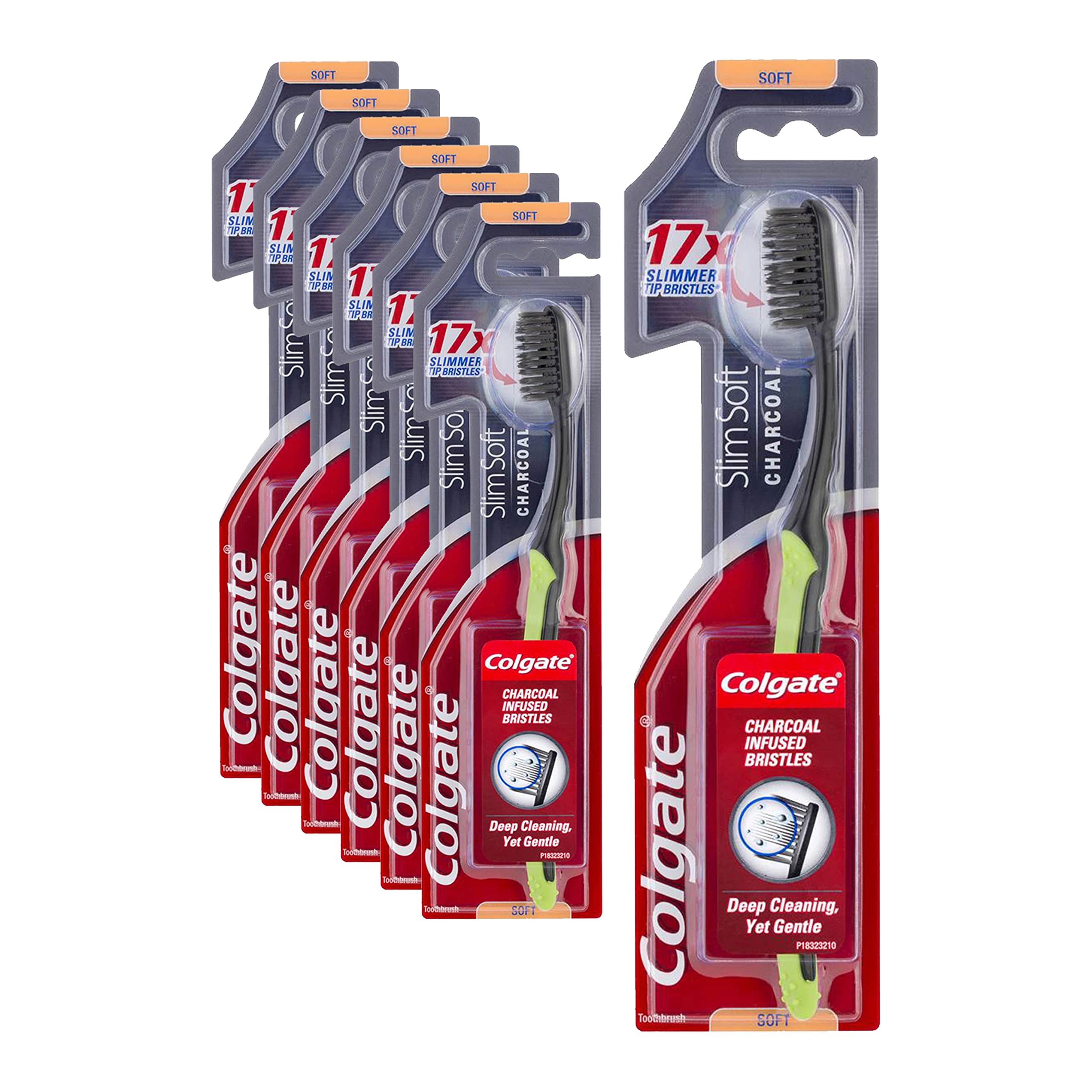 Seven Colgate Slim Soft Charcoal extra soft manual toothbrushes in grey