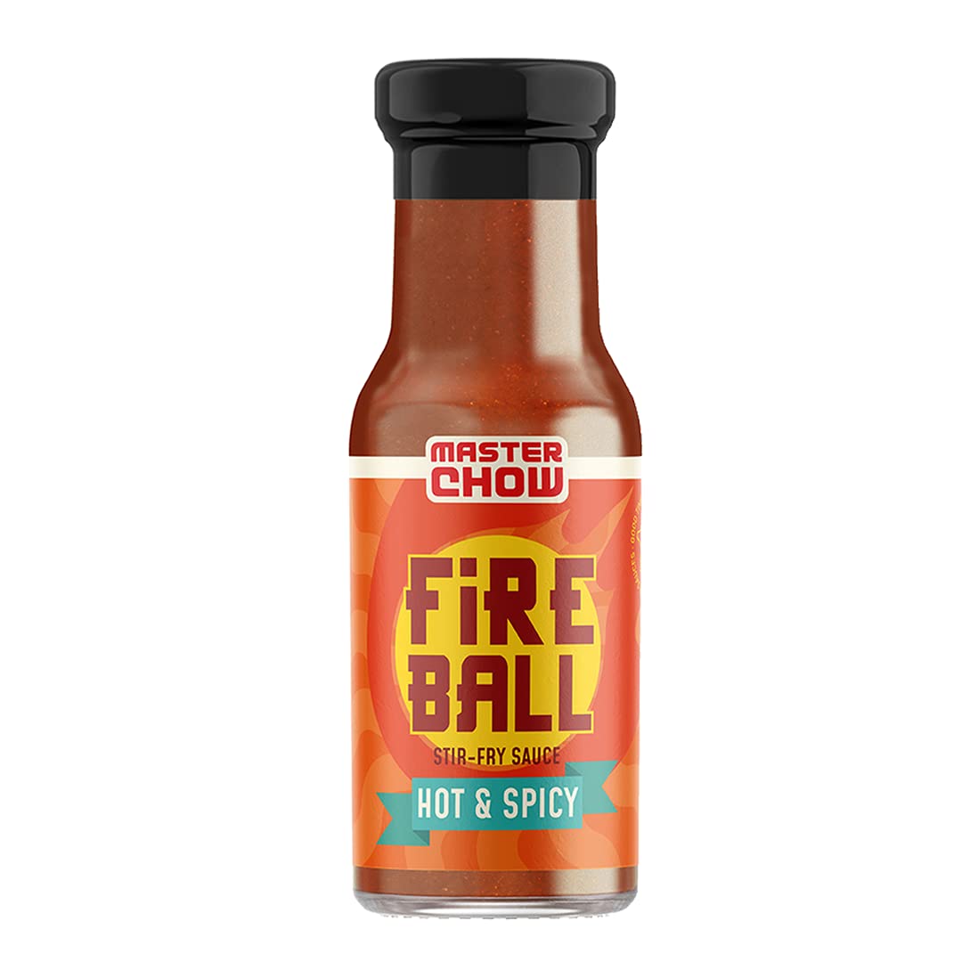 Glass bottle of MasterChow Fireball gluten-free hot sauce