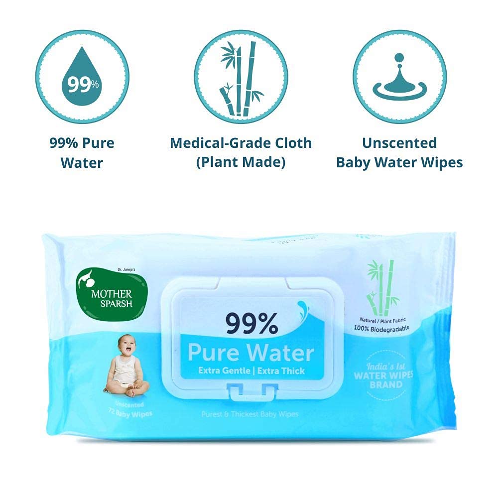 Mother Sparsh 99% Pure Water (Unscented) Baby Wipes I Natural Plant Made Fabric - Super Thick I 72 pcs/Pack - Pack of 12 – view 2