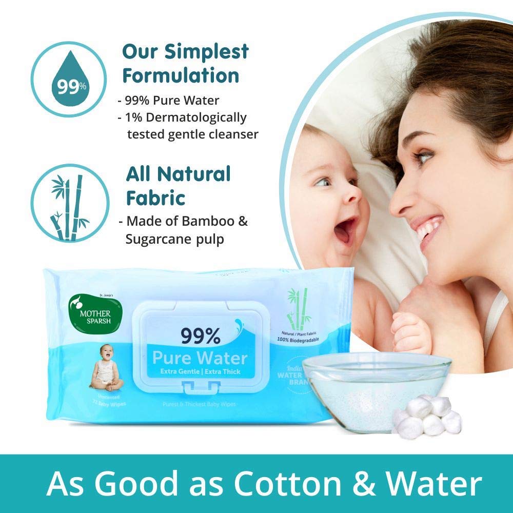 Mother Sparsh 99% Pure Water (Unscented) Baby Wipes I Natural Plant Made Fabric - Super Thick I 72 pcs/Pack - Pack of 12 – view 3