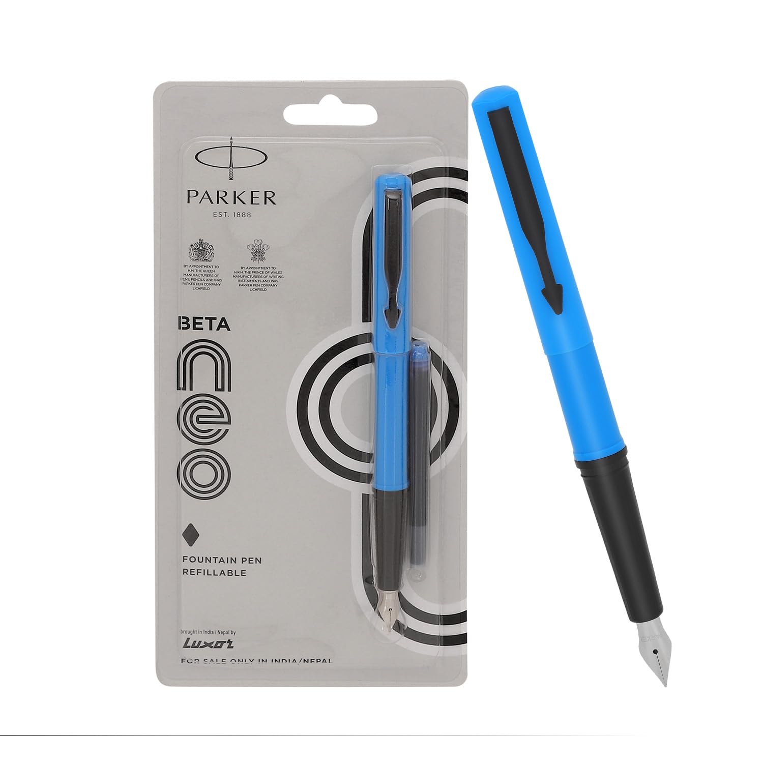 Blue Parker Beta Neo fountain pen with round body and chrome trim