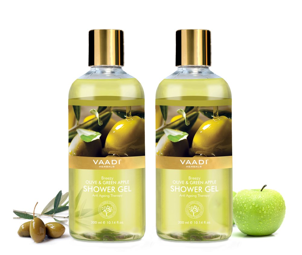 Two bottles of Vaadi Herbals olive green apple shower gel