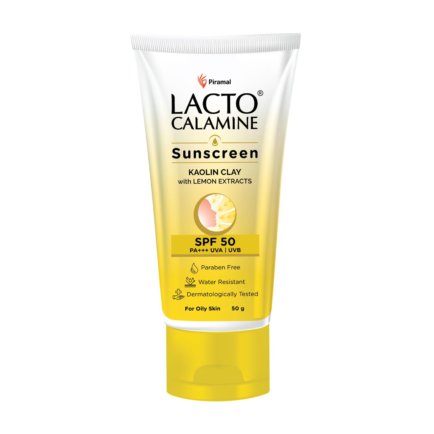 Yellow Lacto Calamine sunscreen cream tube with SPF 50