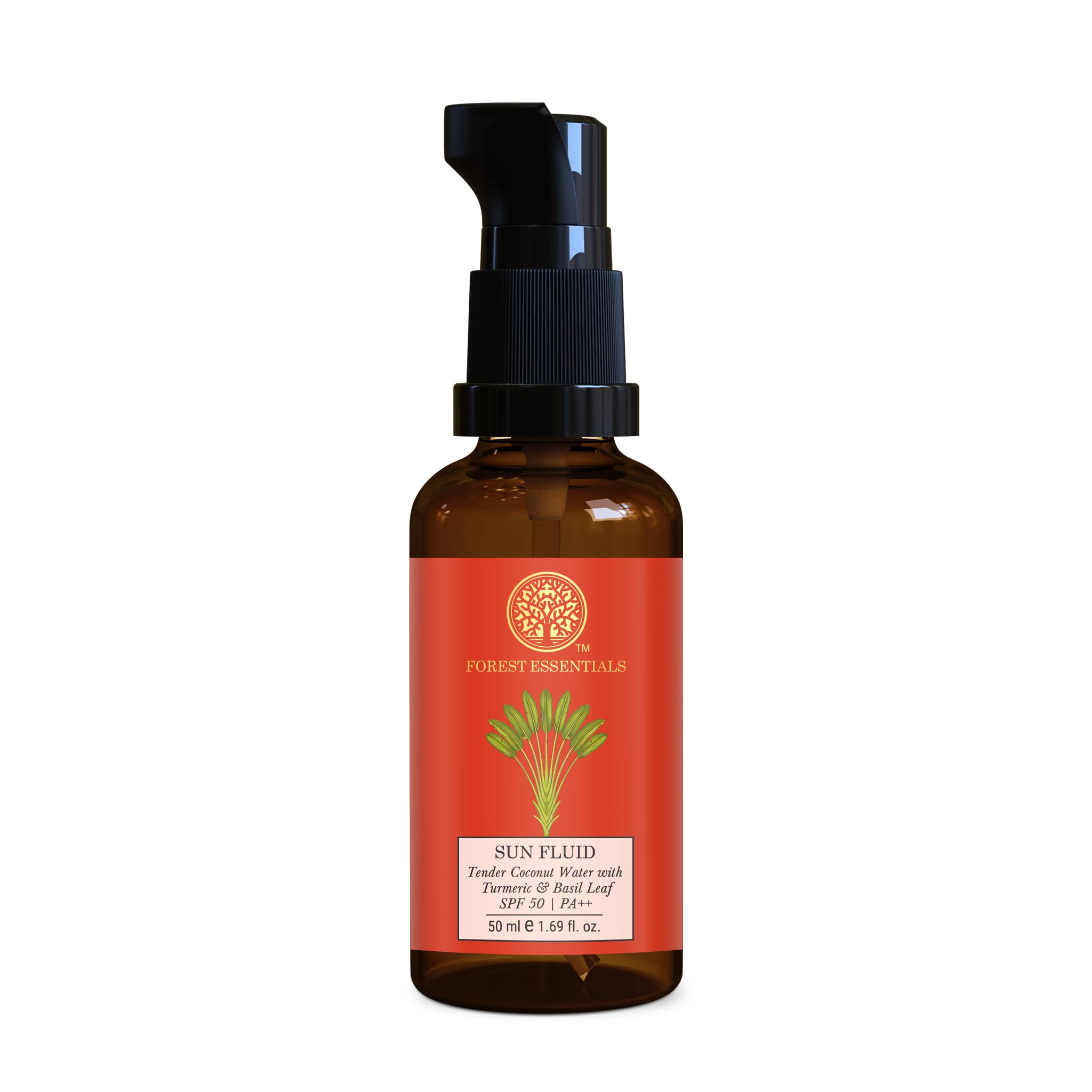 Forest Essentials mineral sunscreen bottle with SPF 50 PA++++ labeling