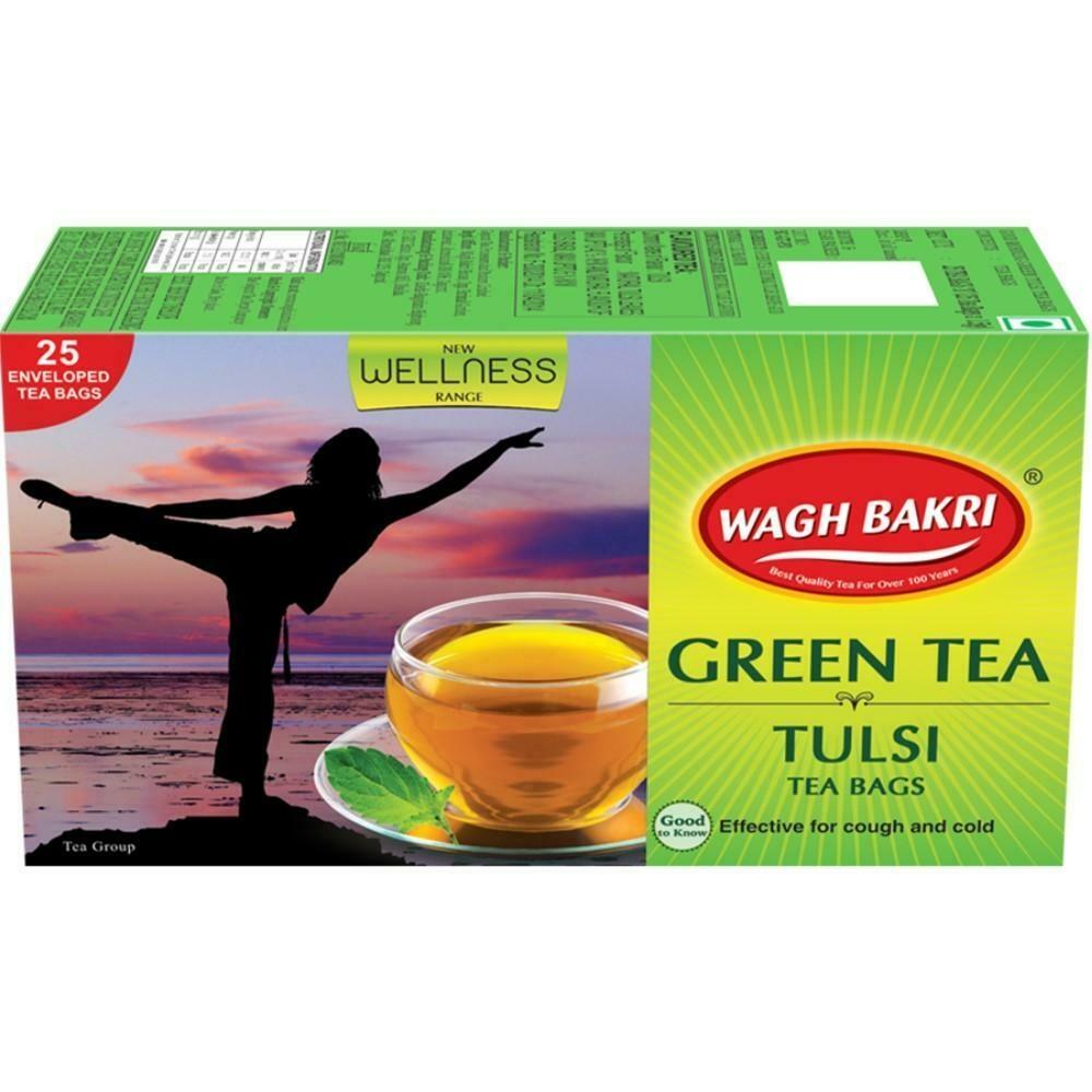Front pack of Wagh Bakri tulsi green tea bag carton