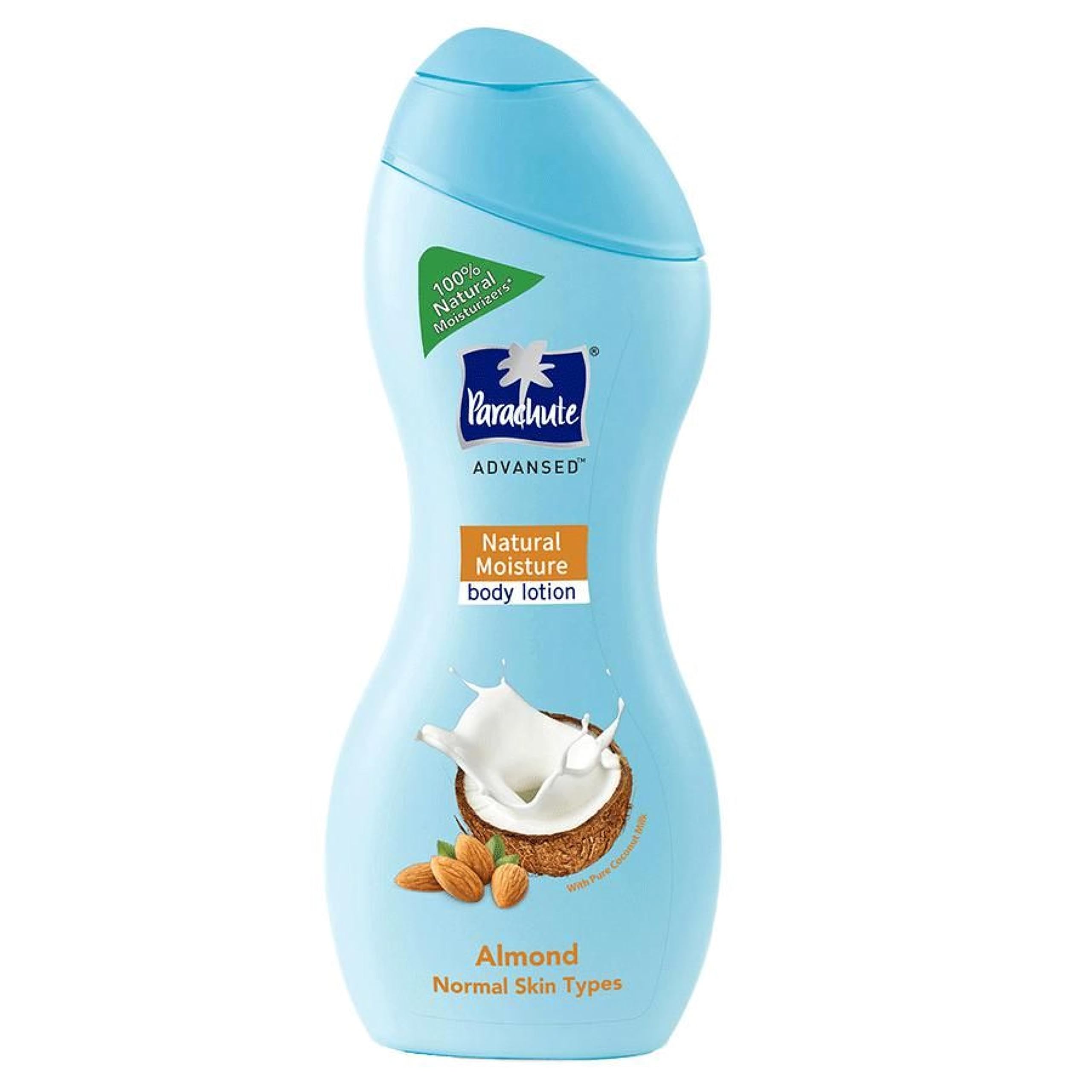Front view of Parachute Advansed almond body lotion 400 ml pack