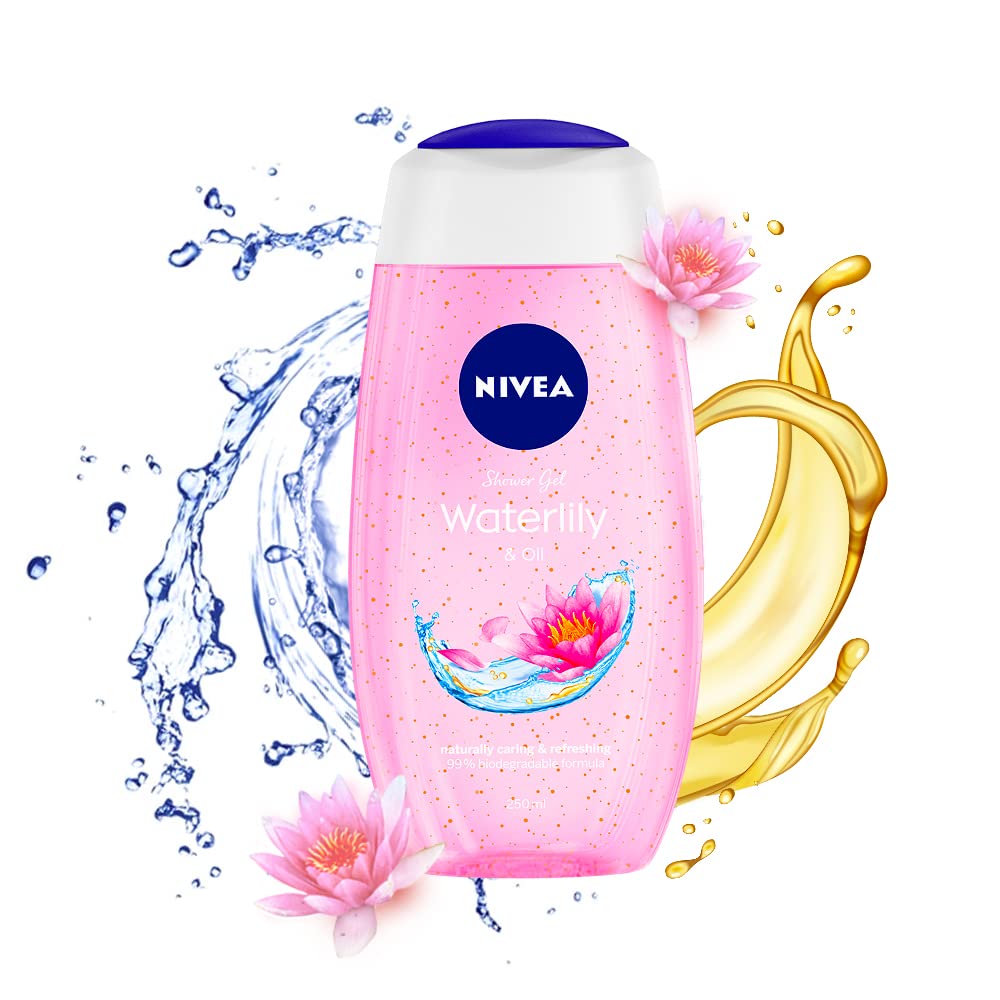 Pink Nivea Waterlily body wash bottle with care oil pearls