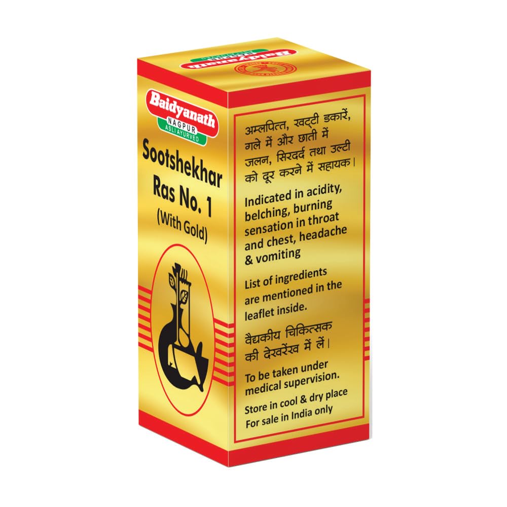 Bottle of Baidyanath Sootshekhar Ras No 1 with Gold tablets