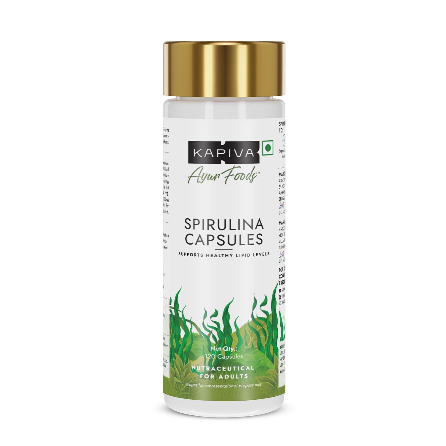 Front view of Kapiva Spirulina Capsules 120-count bottle