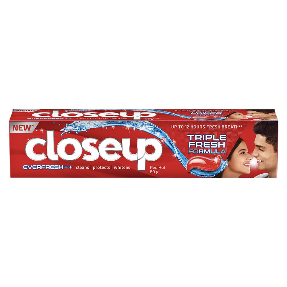 Closeup 80g toothpaste pack with red gel fresh breath formula