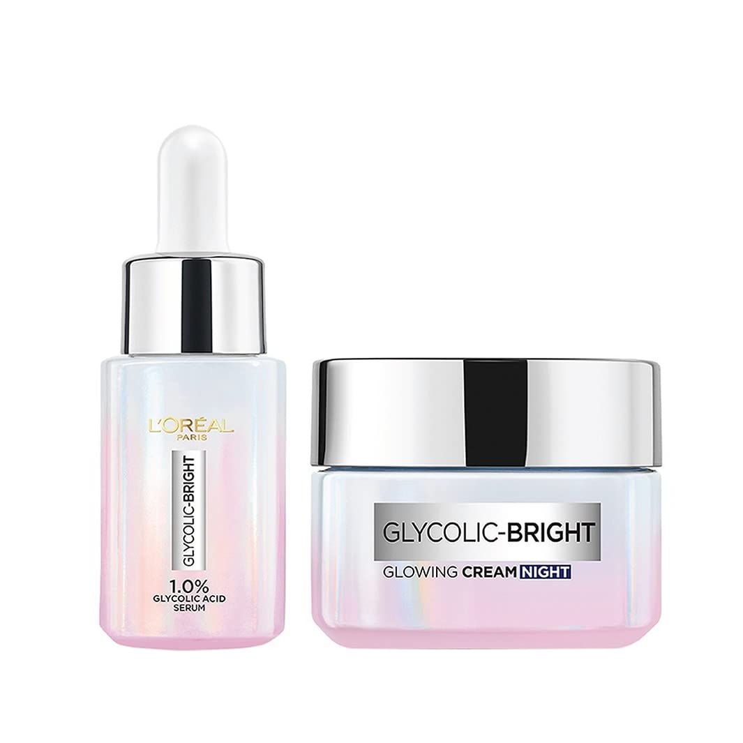 Front pack shot of Glycolic Bright serum and night cream duo