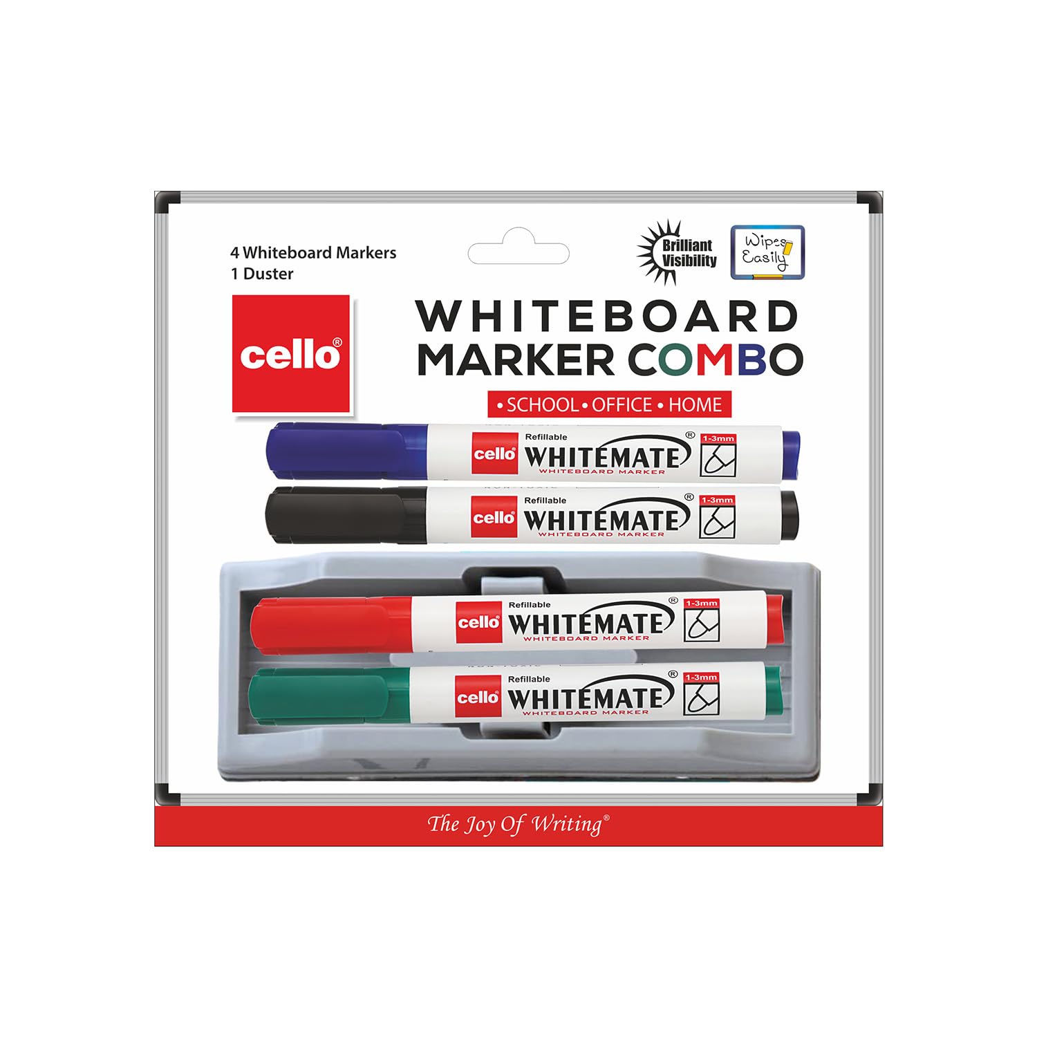 Cello dry erase markers in four colors with whiteboard duster