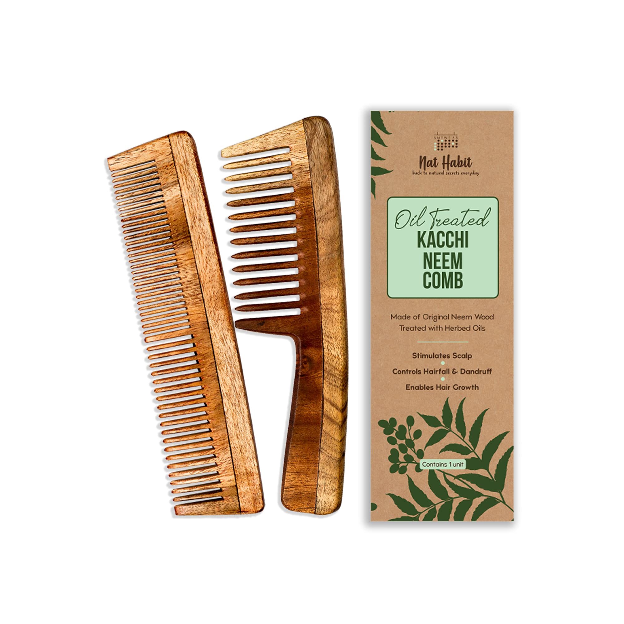 Brown neem wooden comb duo with dual-tooth and wide-tooth design