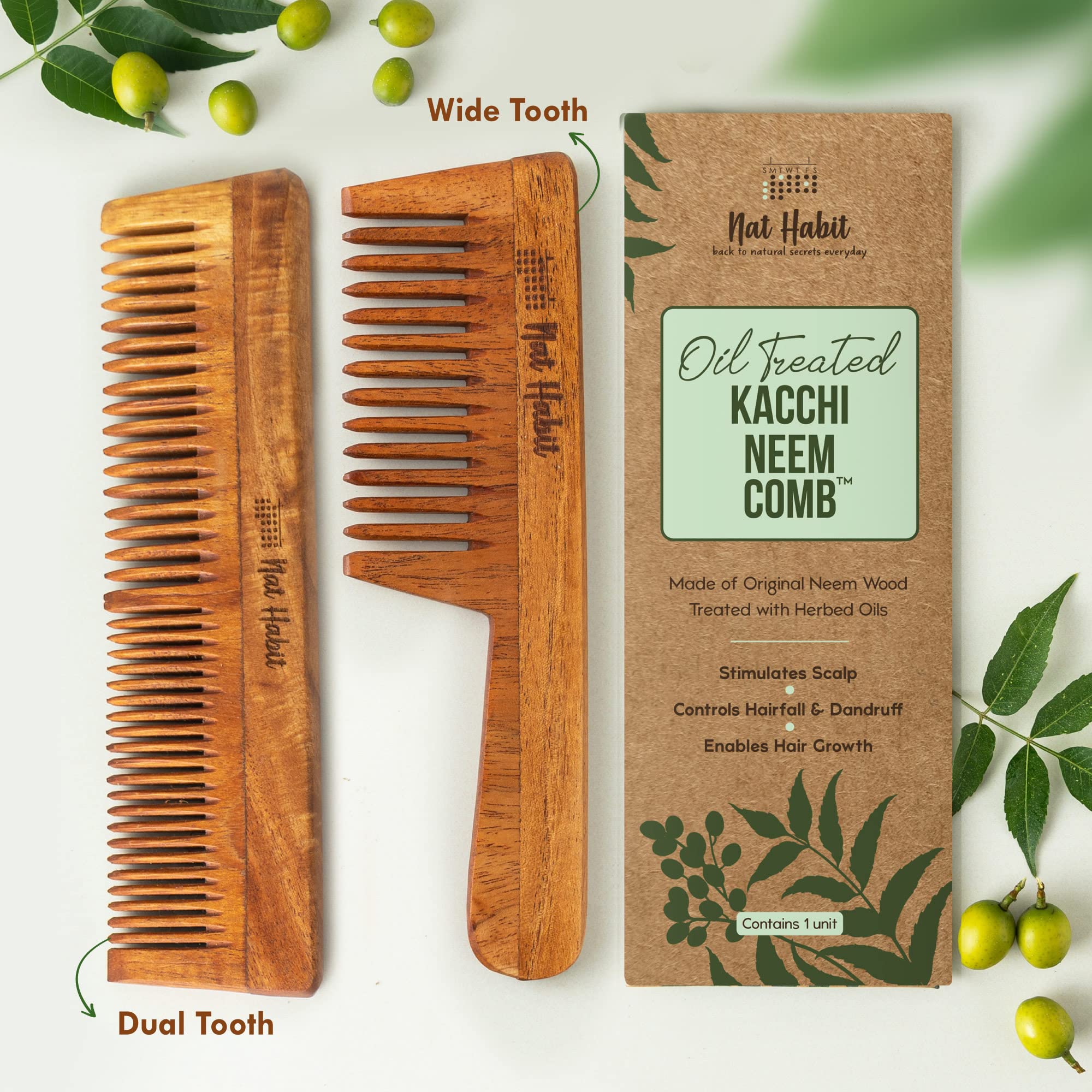 Nat Habit Kacchi Neem Wooden Comb, Soaked In 13 Herbs Neem & Sesame Oil For Multi-Actions - Detangling, Frizz Control & Shine (Dual Tooth & Wide Tooth) Combo Pack of 2 – view 2