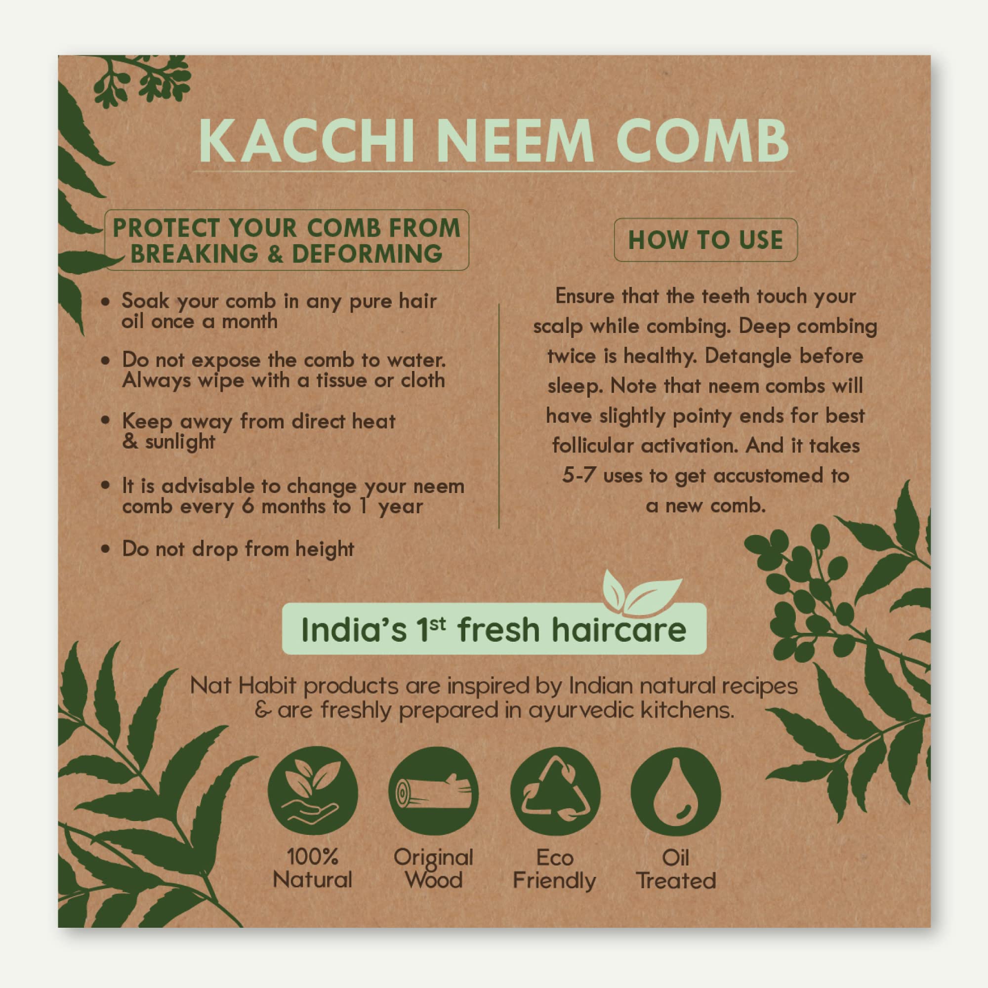 Nat Habit Kacchi Neem Wooden Comb, Soaked In 13 Herbs Neem & Sesame Oil For Multi-Actions - Detangling, Frizz Control & Shine (Dual Tooth & Wide Tooth) Combo Pack of 2 – view 3