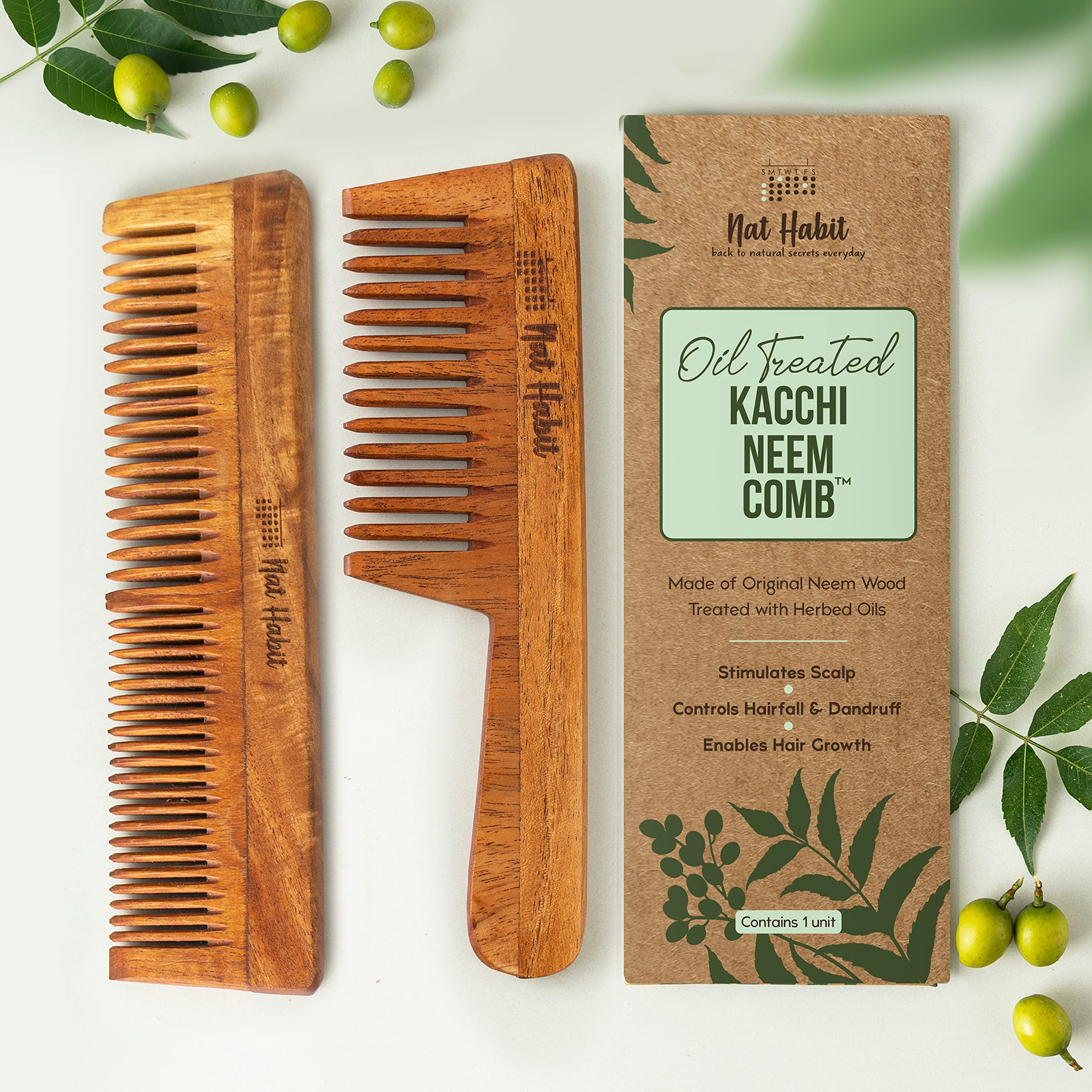 Nat Habit Kacchi Neem Wooden Comb, Soaked In 13 Herbs Neem & Sesame Oil For Multi-Actions - Detangling, Frizz Control & Shine (Dual Tooth & Wide Tooth) Combo Pack of 2 – view 4