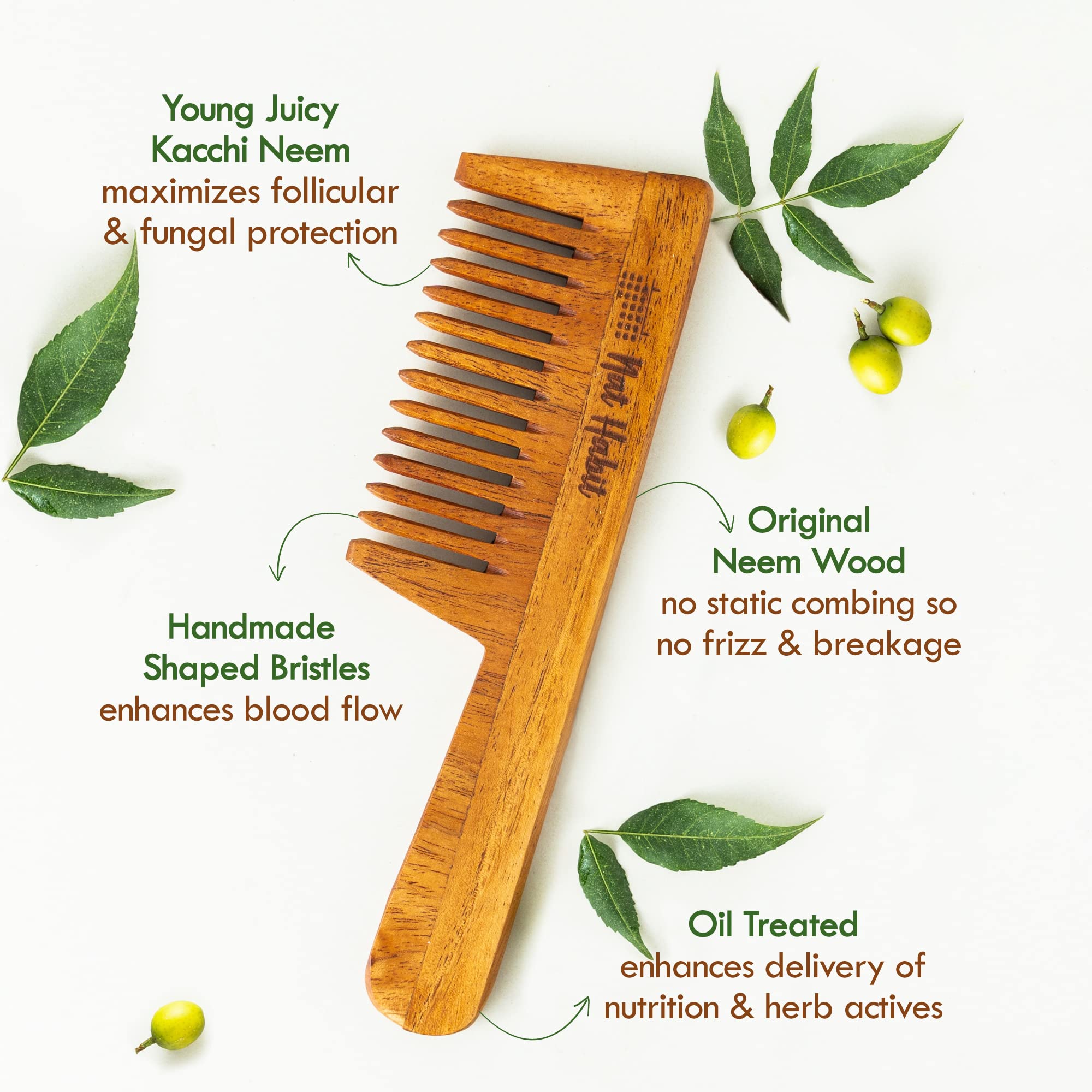 Nat Habit Kacchi Neem Wooden Comb, Soaked In 13 Herbs Neem & Sesame Oil For Multi-Actions - Detangling, Frizz Control & Shine (Dual Tooth & Wide Tooth) Combo Pack of 2 – view 6