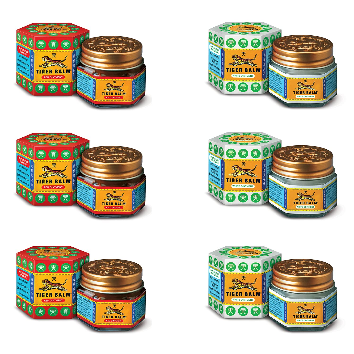 Tiger Balm Red & White Ointment | 9ml each | Pack of 6 | Ayurvedic Pain Relief Balm | Effective Relief from Joint, Body & Knee Pain, Muscular Aches, Sprain, Headache | 3 Red & 3 White | Combo Pack