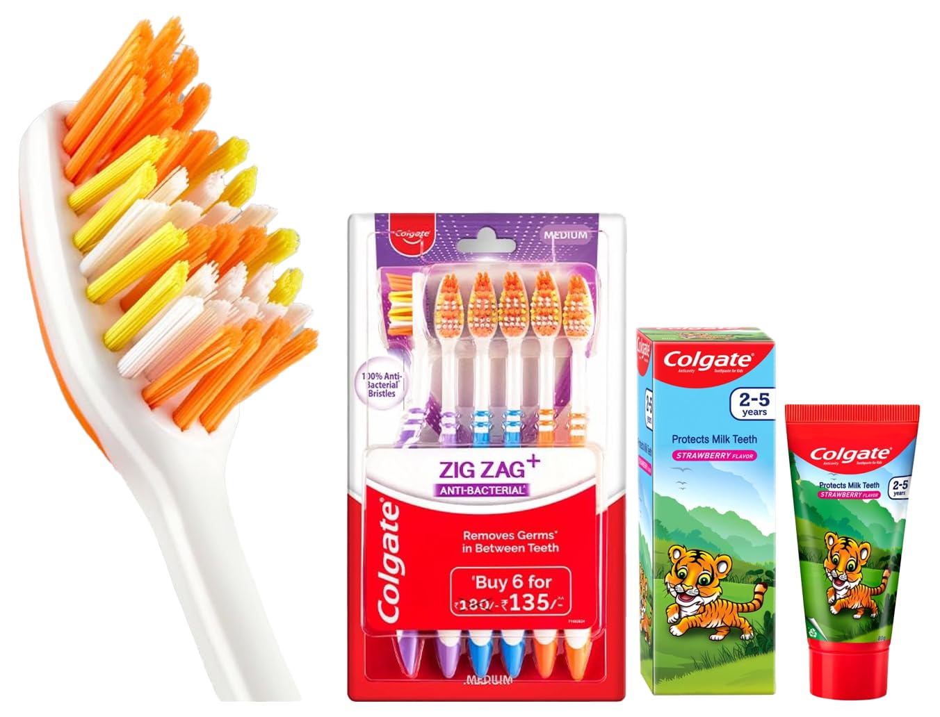 Colgate Kids Anticavity Toothpaste for 2-5 Years - 80gm (Strawberry Flavour) & Colgate Zigzag Manual Toothbrush, Pack of 6 Medium Multicolour Soft Tooth Brush Combo – view 1