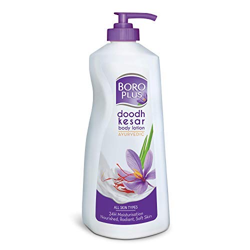 Two Boroplus body lotion bottles with doodh kesar and Vitamin E