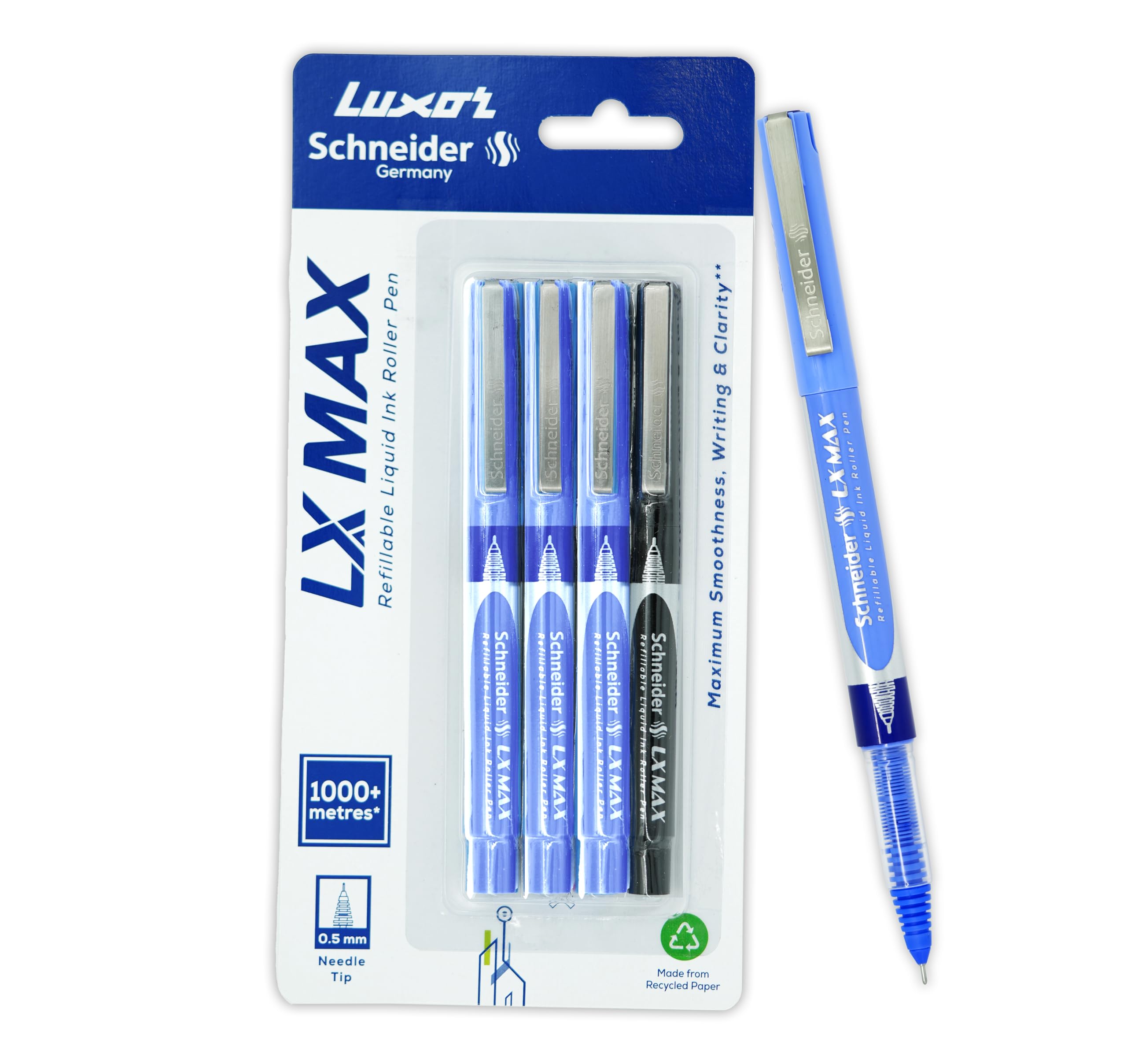 Needle tip Luxor LX Max pens in four-count blue and black pack