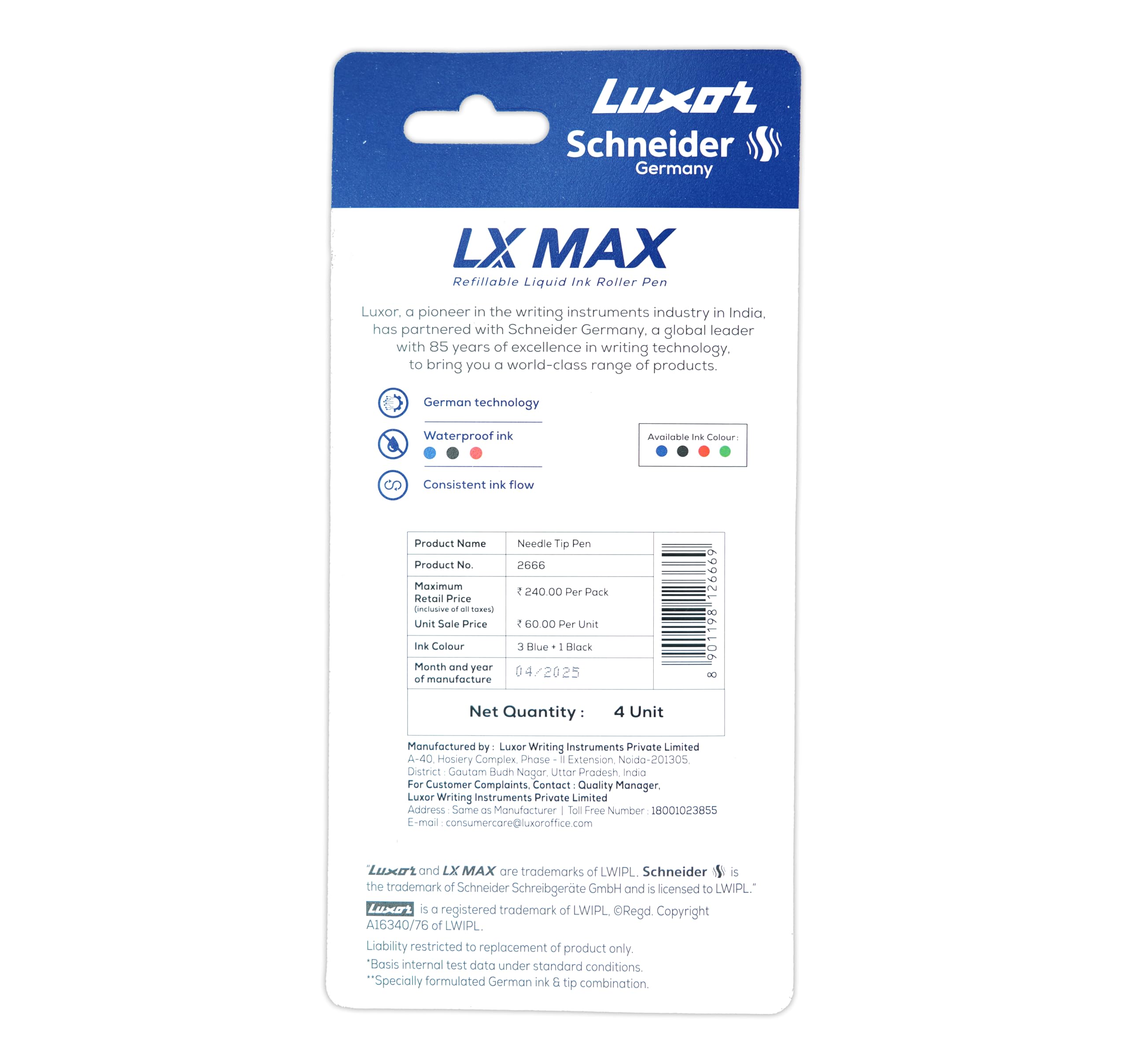 Luxor Schneider LX MAX roller ball pen, Pack of 4, 3 Blue+1 Black, Needle Tip, 0.5mm, 100% German Technology, 1000+ mtrs writing length, Waterproof Ink, Ideal for Students & Professionals – view 4