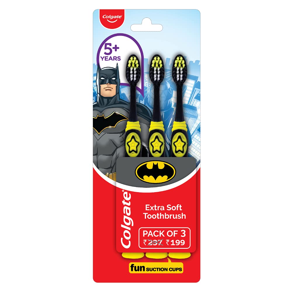 Three Colgate Kids Batman extra soft toothbrushes with suction cup base