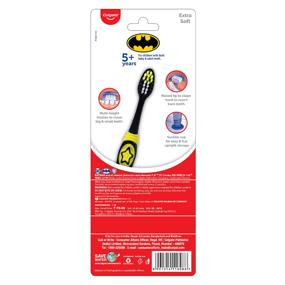 Colgate Kids Batman Manual Toothbrush, Extra-soft Bristles and Built-in Tongue Cleaner, Compact Head and Non-Slip Handle (Pack of 3,Multicolor) – view 9