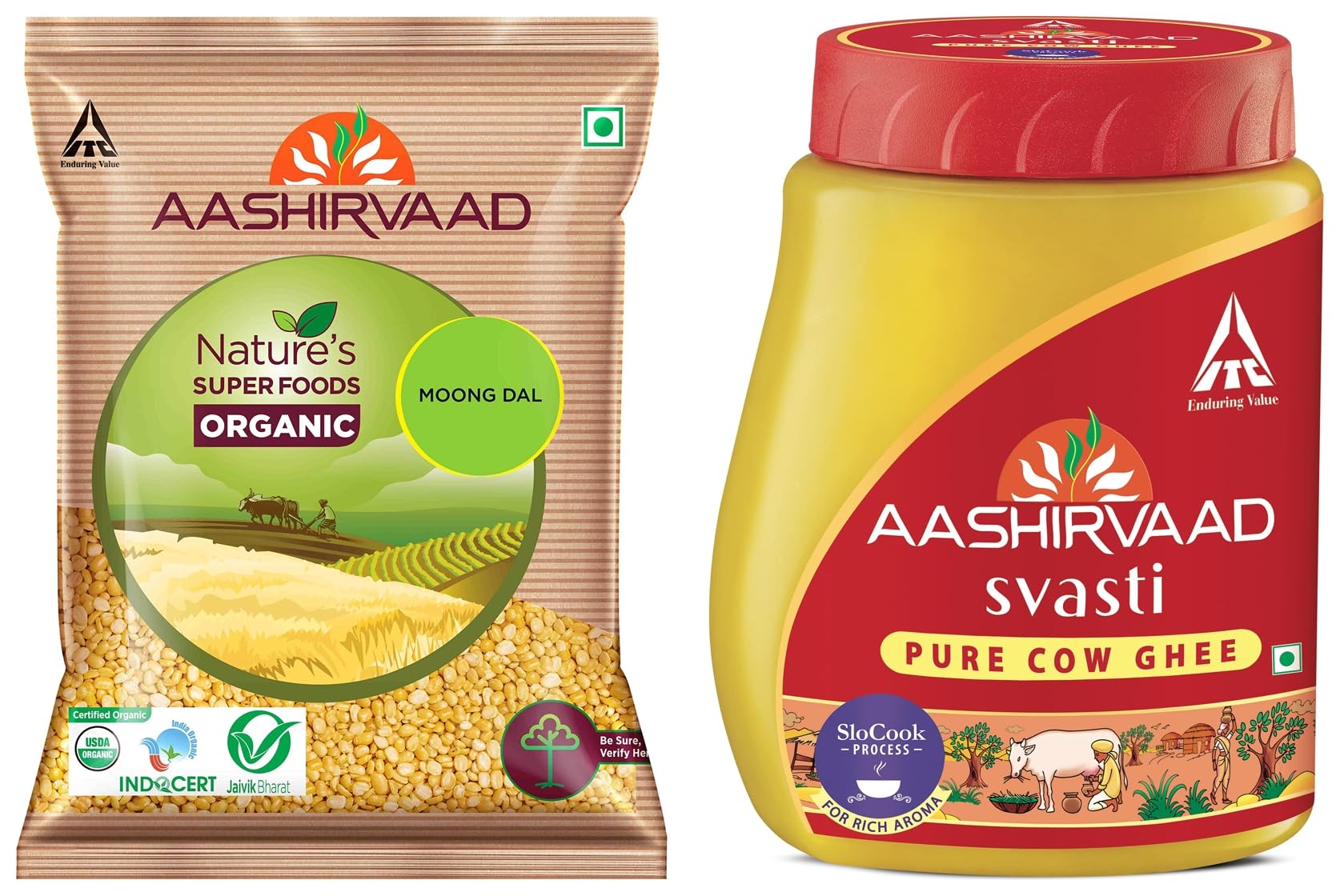 Aashirvaad ghee bottle with organic moong dal split pack