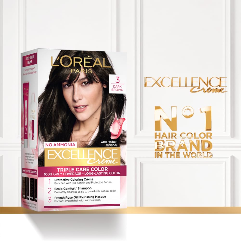 L'Oreal Paris Permanent Hair Colour, Radiant At-Home Hair Colour with up to 100% Grey Coverage, Pro-Keratin, Up to 8 Weeks of Colour, Excellence Crème, 3 Dark Brown, 72ml+100g – view 3
