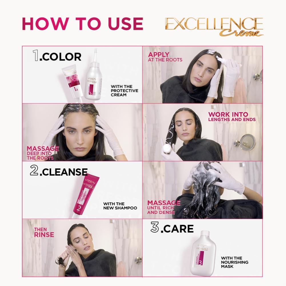 L'Oreal Paris Permanent Hair Colour, Radiant At-Home Hair Colour with up to 100% Grey Coverage, Pro-Keratin, Up to 8 Weeks of Colour, Excellence Crème, 3 Dark Brown, 72ml+100g – view 7