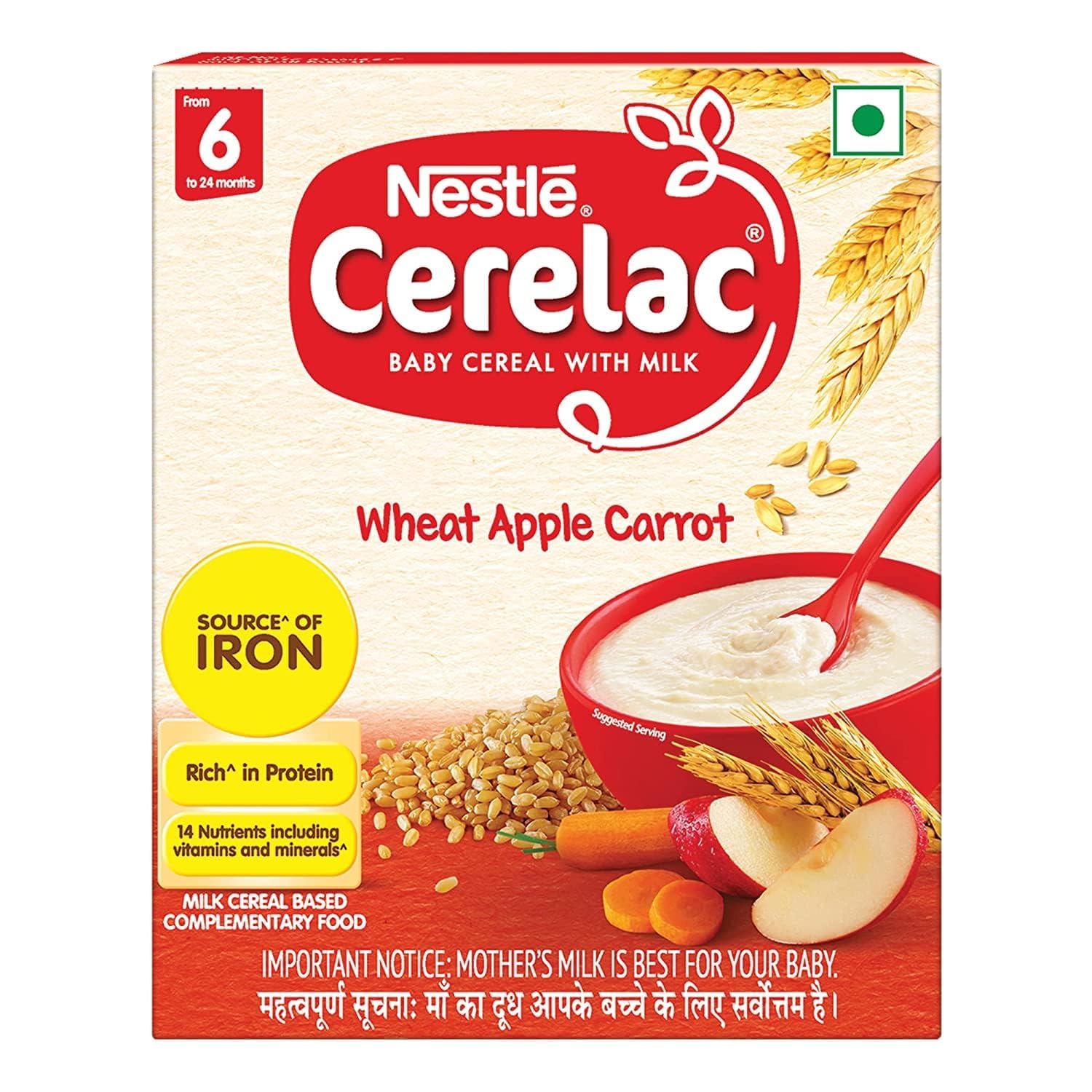 Nestle Cerelac Baby Cereal with Milk , Wheat Apple Carrot ,Stage 1, From 6 to 24 Months , Source of Iron & Protein , 300g