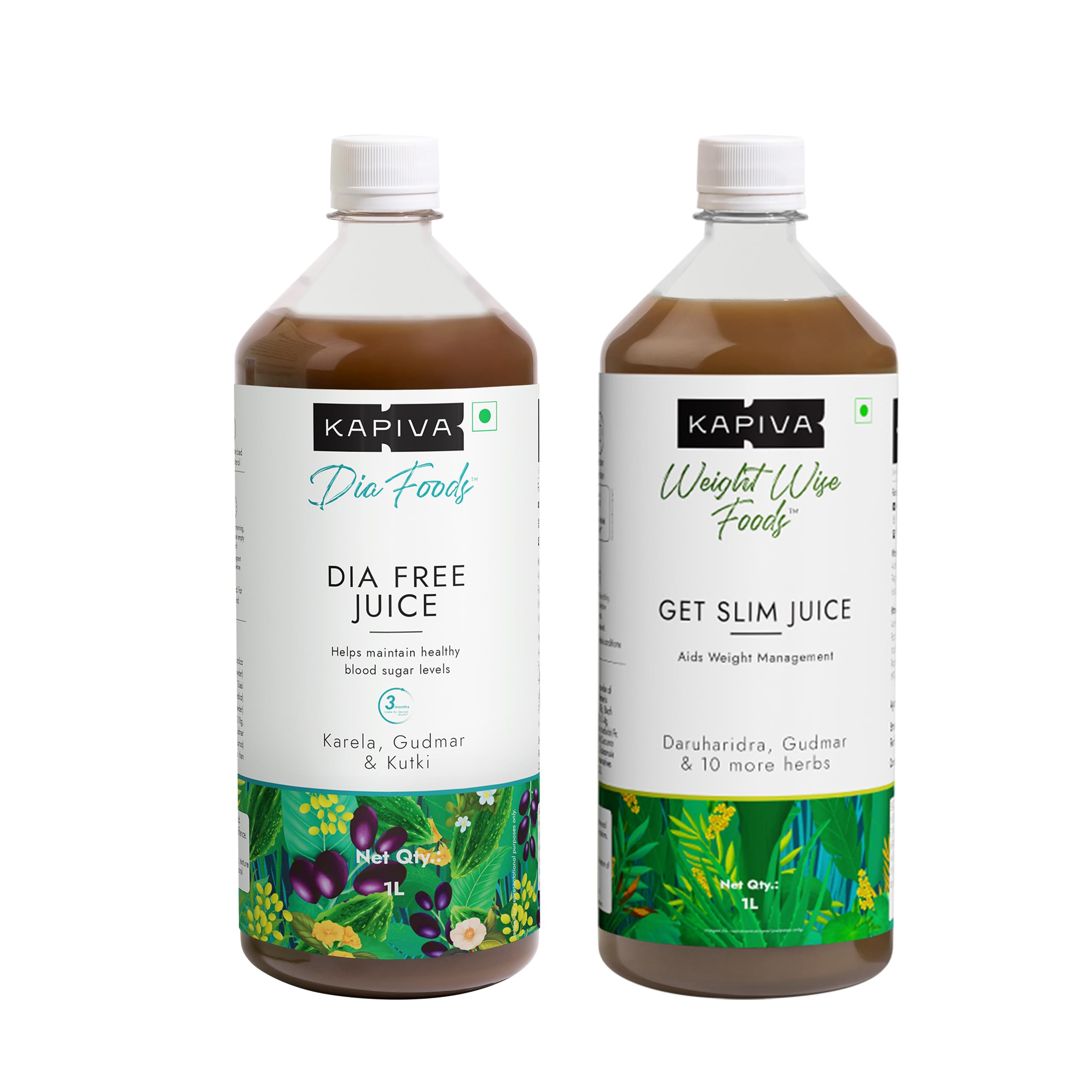 Two Kapiva Ayurvedic juice bottles for sugar and weight routine