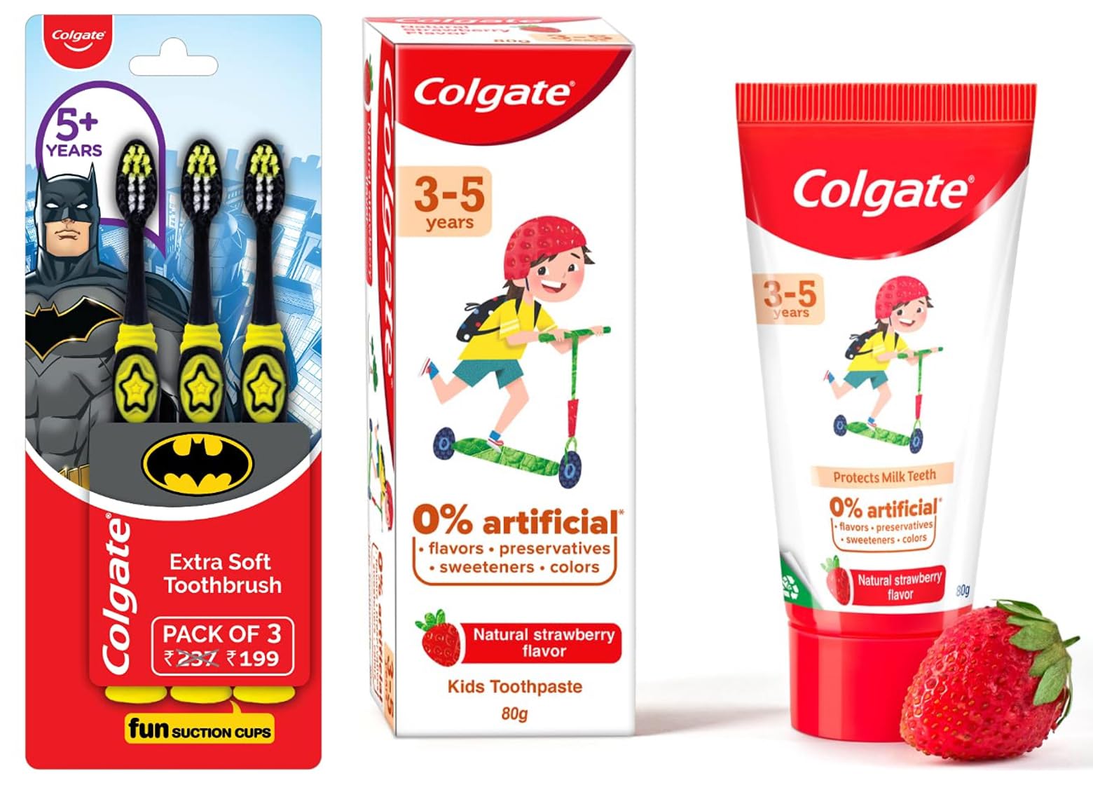 Kids strawberry toothpaste and Batman toothbrushes in multicolour pack