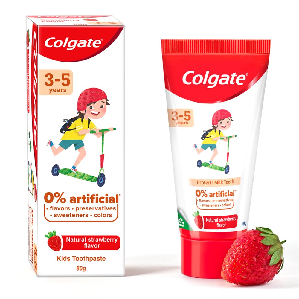 Colgate Toothpaste for Kids (3-5 years), Natural Strawberry Flavour, 0% Artificial - 80g Tube & Colgate Kids Batman Toothbrush, Extra Soft with Tongue Cleaner (Pack of 3) – view 5