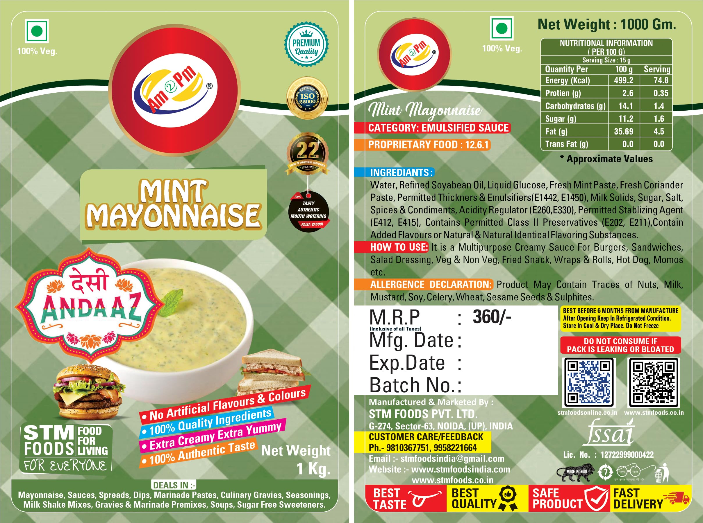 Am 2 Pm - Mint Mayonnaise Multipurpose Creamy Sauce For Burgers, Sandwiches Salad Dressing,Veg Non Veg Fried Snack Wraps & Rolls Hot Dog Momos - 1Kg – view 5