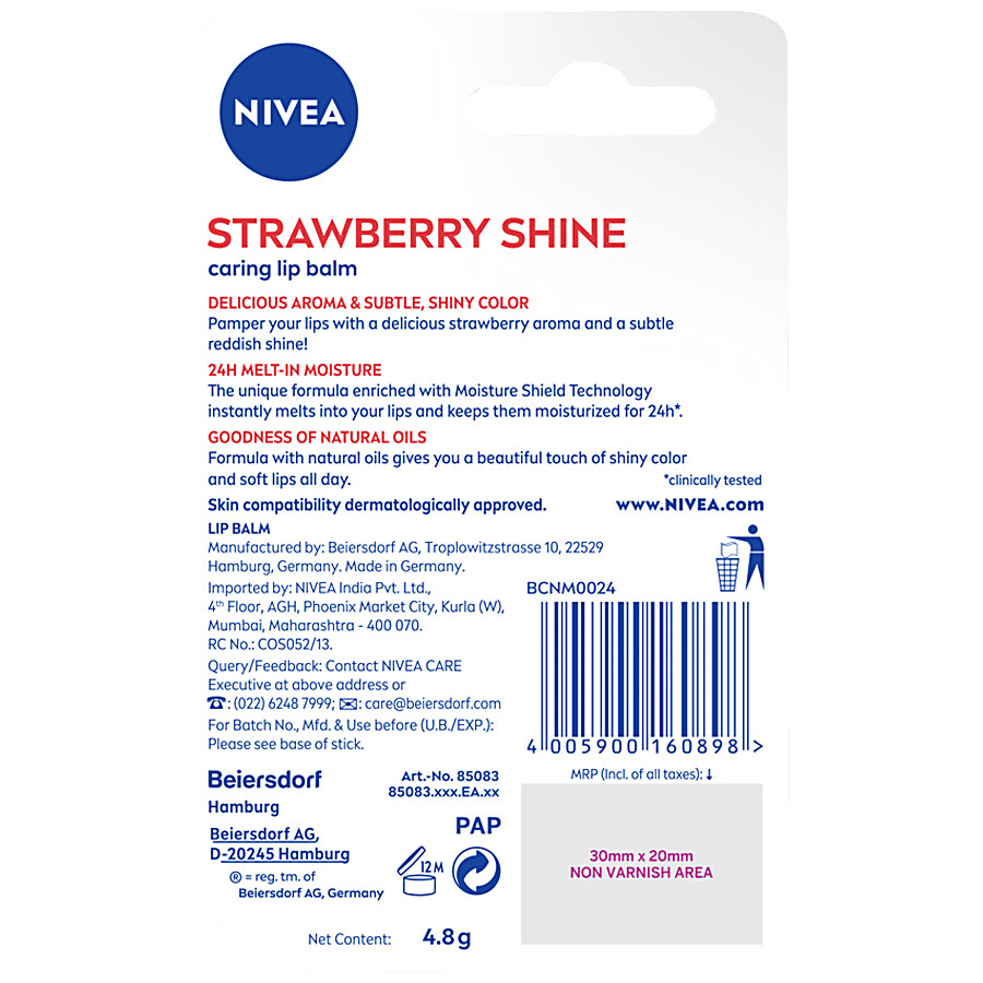 NIVEA Strawberry Shine Caring Lip Balm - With Natural Oils, 24 Hours Of Melt-In Moisture 4.8 g – view 2