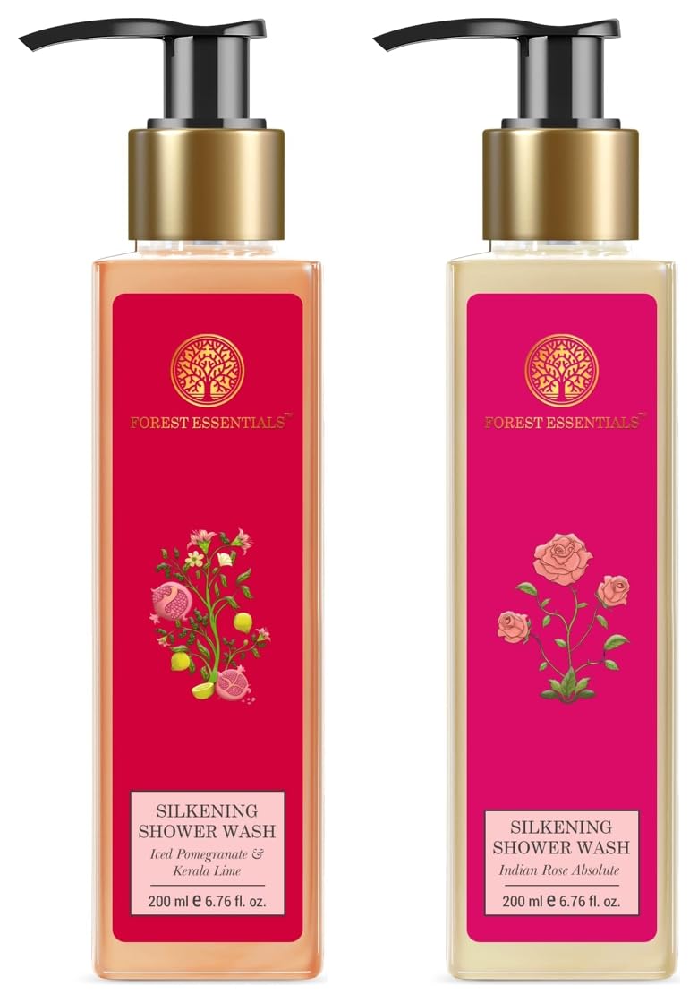 Forest Essentials silkening shower wash combo bottles in two scents