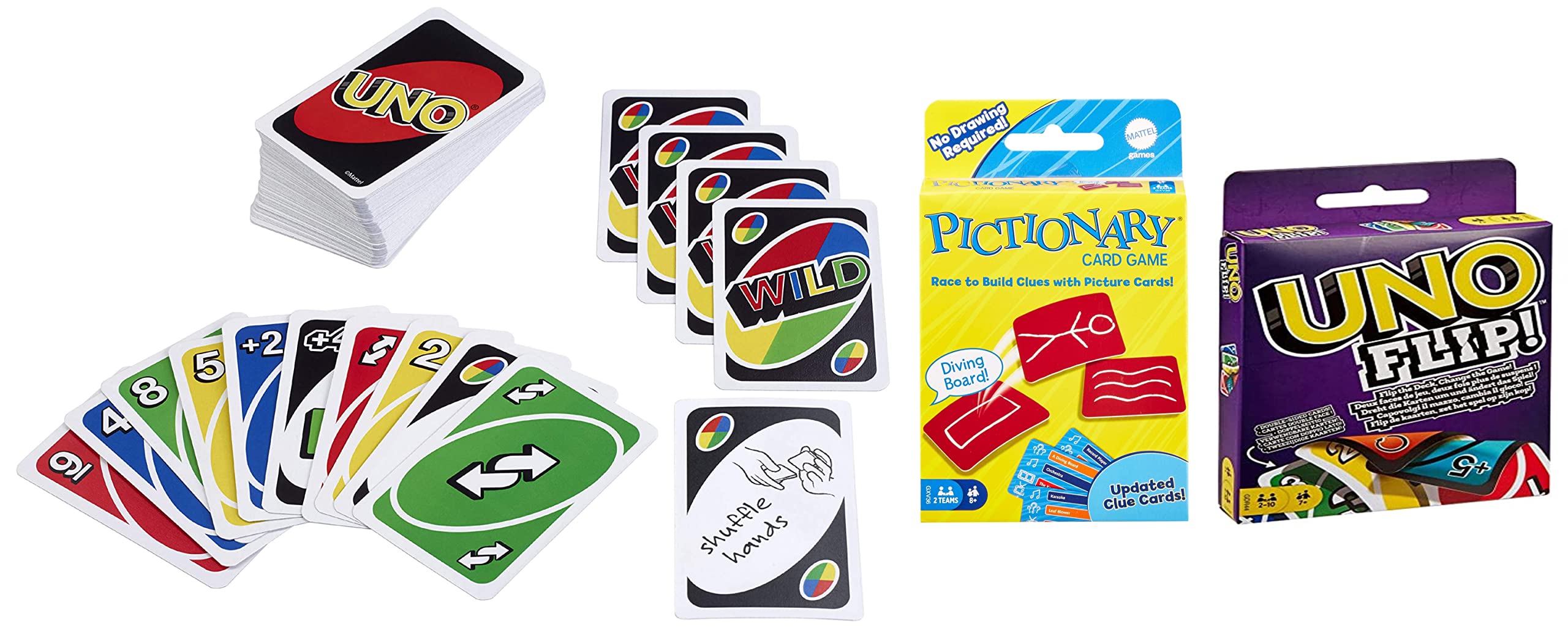 Games PICTIONARY Card Refresh, Multicolor & Mattel Uno Playing Card Game & Mattel Uno Flip Side
