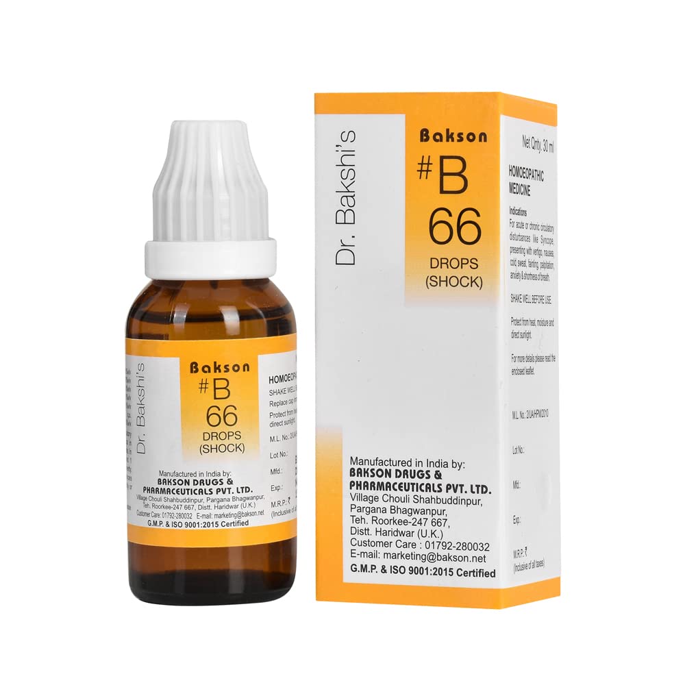 Front view of Bakson B 66 Shock Drops bottle