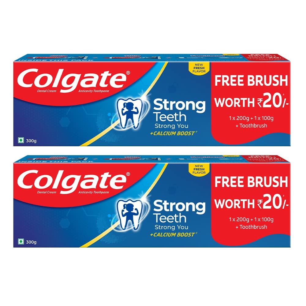 Colgate Strong Teeth Calcium Boost toothpaste tubes with toothbrush bundle