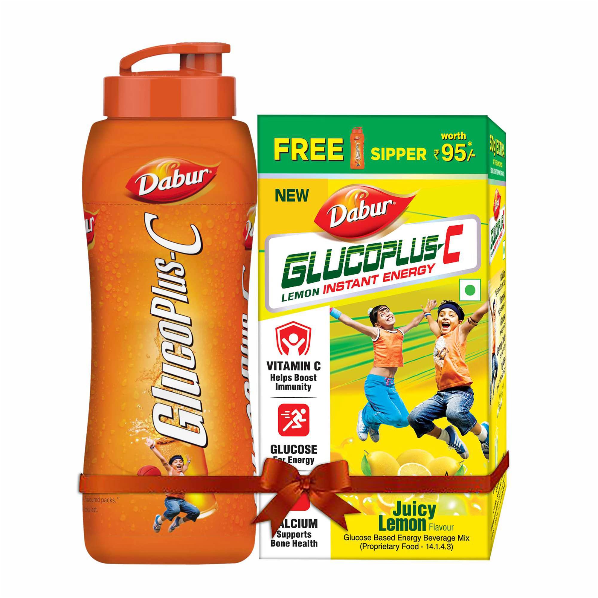 Front view of Dabur Glucoplus C lemon powder jar