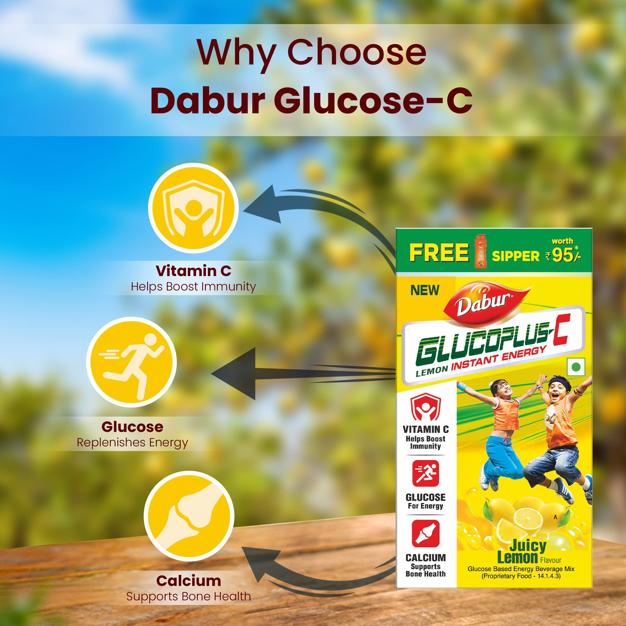 Dabur GlucoPlus-C Instant Energy Glucose Lemon Flavour - 500g (with Sipper Free) – view 4