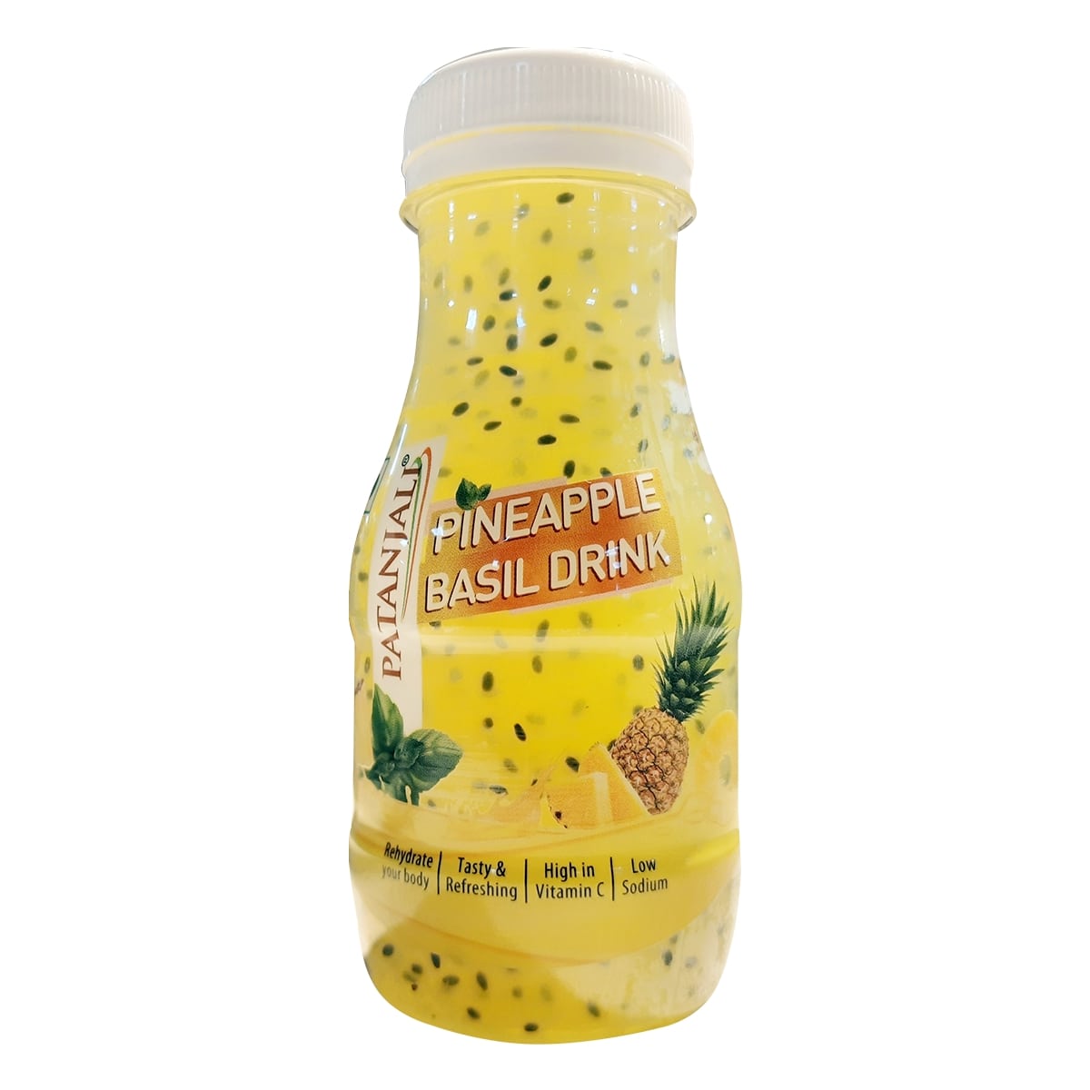 Bottled pineapple basil seed drink with tropical fruit flavor