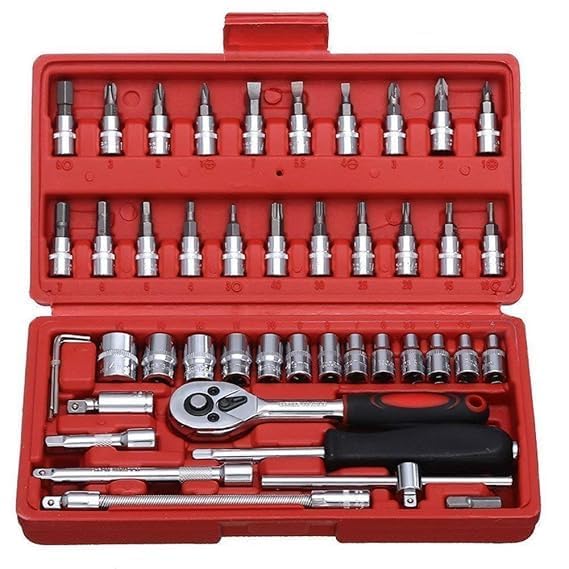 Compact OPTIFINE home tool kit with metric sockets and ratchet