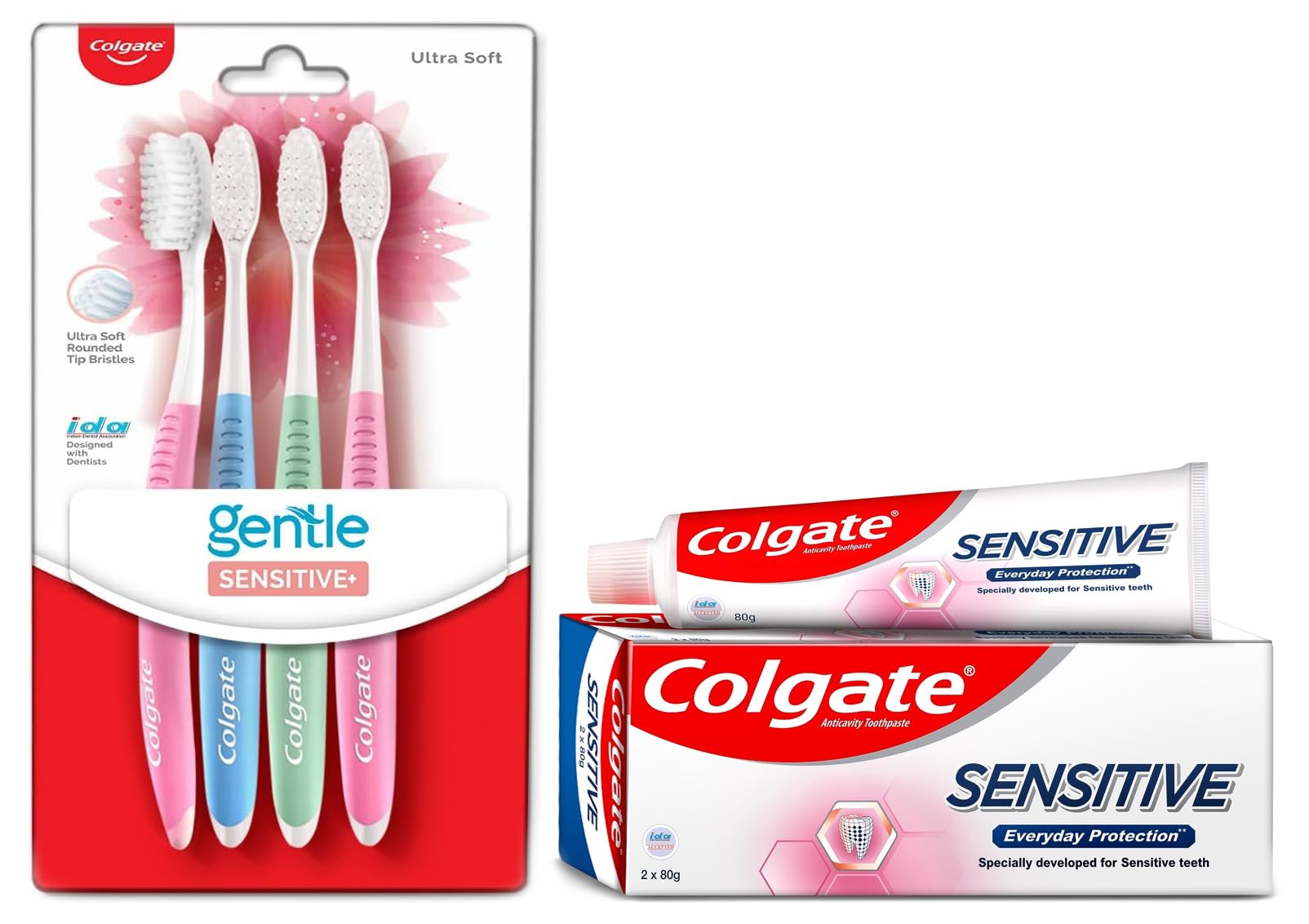 Colgate Sensitive Everyday Protection Toothpaste, Twin Pack Of 160g (80g X 2) & Colgate Sensitive Soft Bristles Manual Toothbrush for adults - 4 Pcs, Multicolor – view 1
